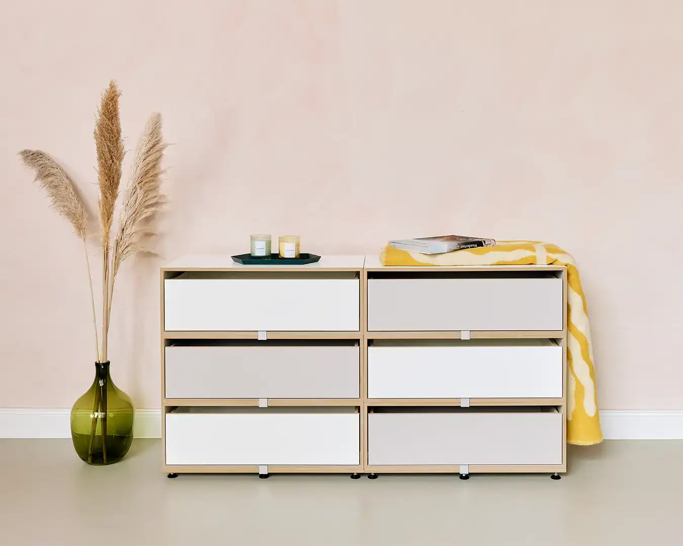 Kommoden, farbenfrohe Doppel-Kommode, Weiß, Kaschmirgrau