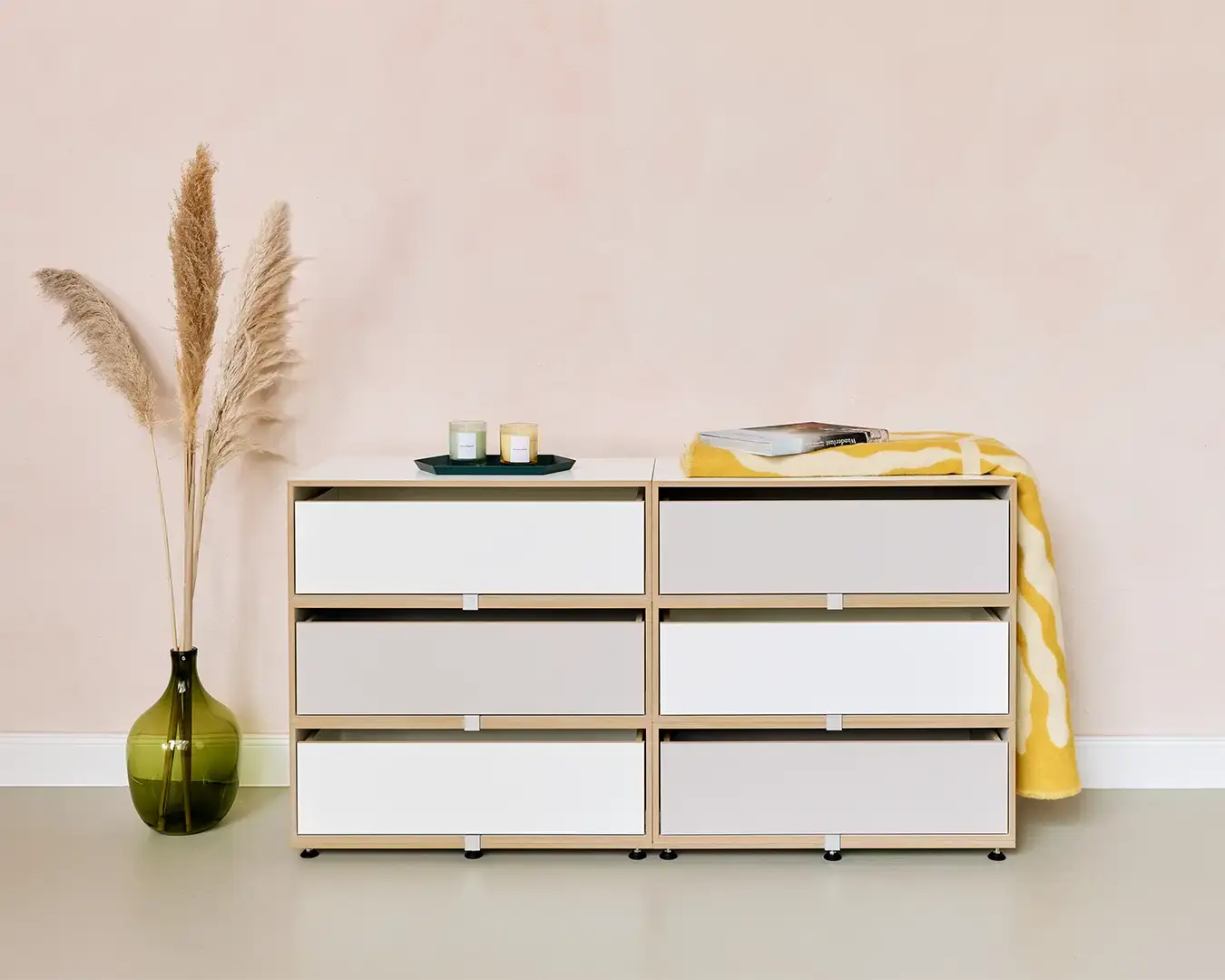 Kommoden, farbenfrohe Doppel-Kommode, Weiß, Kaschmirgrau