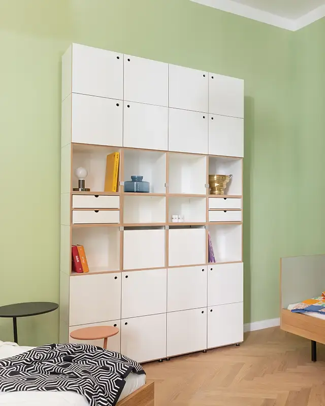 Schlafzimmerregale, Schränke, Wohnzimmerregale, Tür, F2 Modul mit Schubladen, 1:1 Einschub, Großes Wandregal