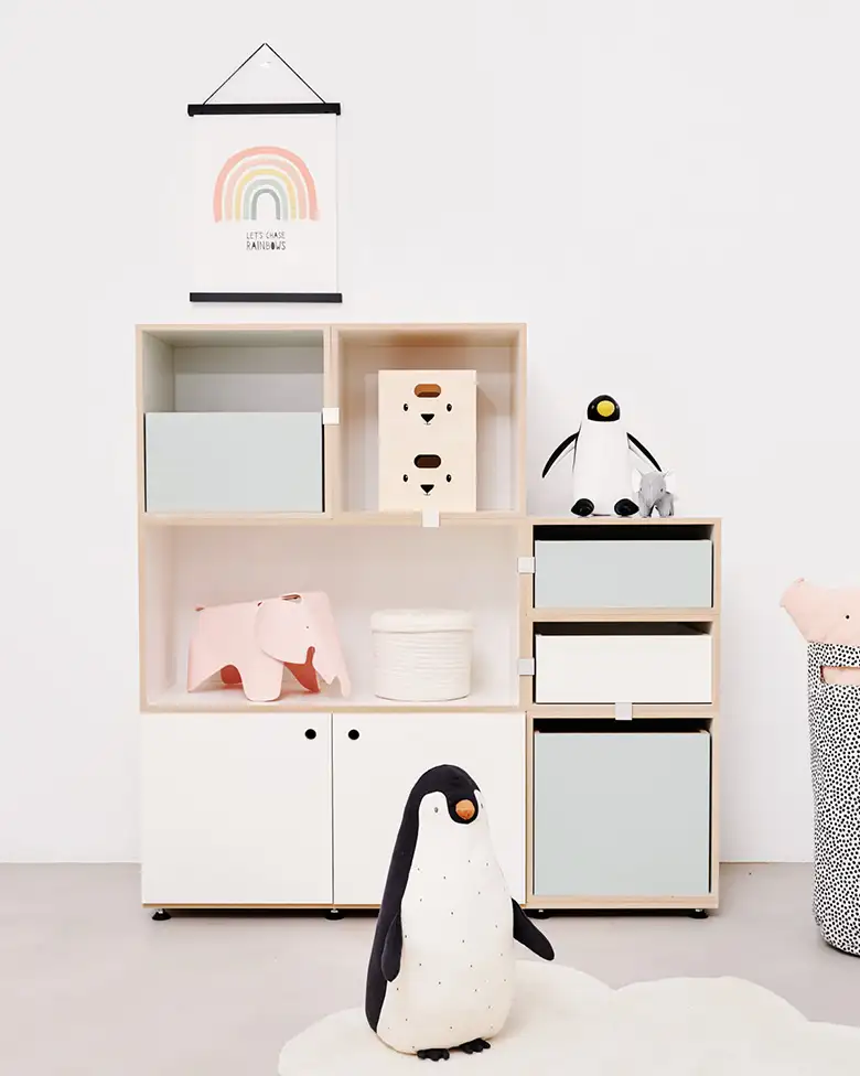 Kategorien, stocubo Kinderregal, Türen, Einschübe, Schubladen, pistaziengrün, pink