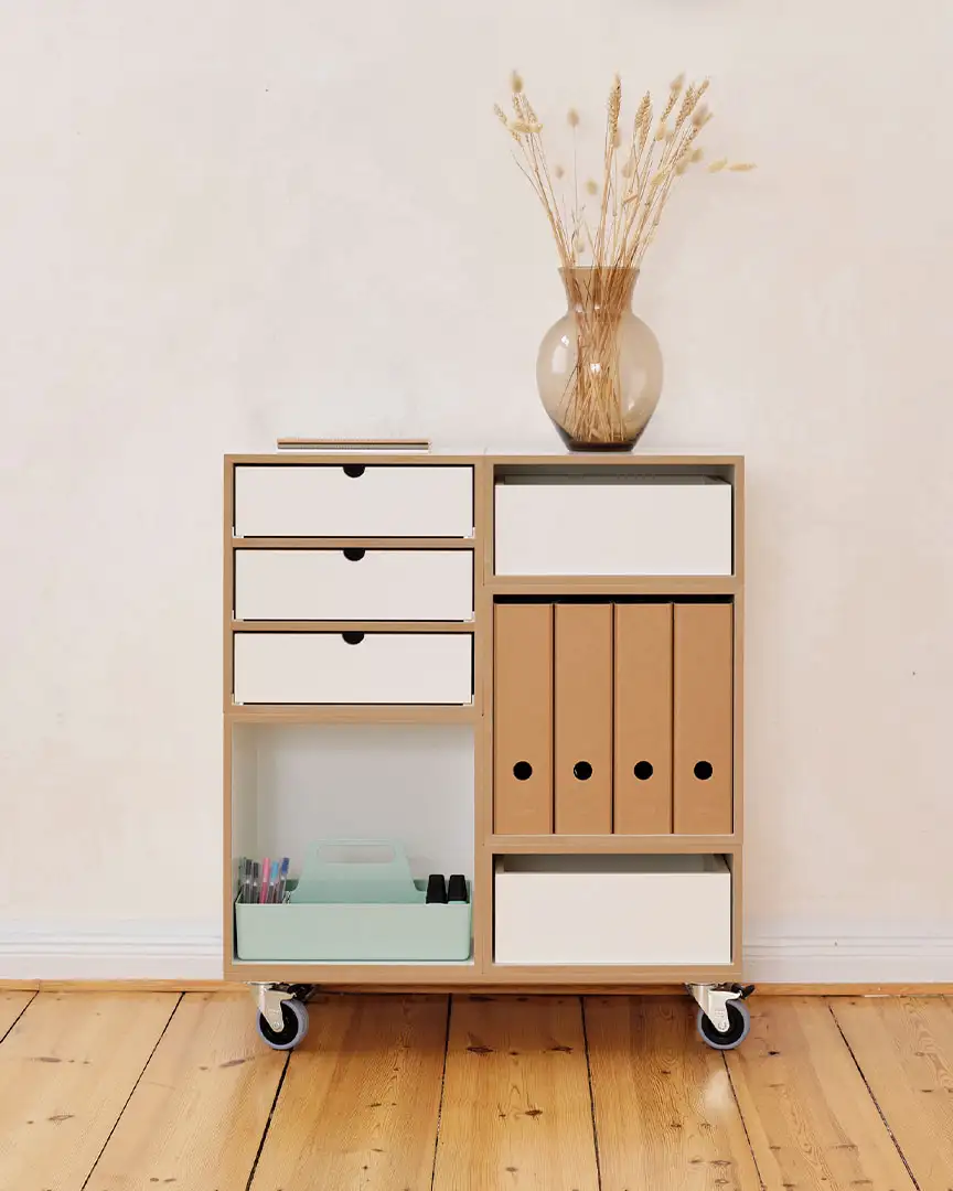 Kategorien, Flexibler Rollcontainer für Akten, F3 Modul, Schublade, Parkett, Vase, Vitra, türkis, braun