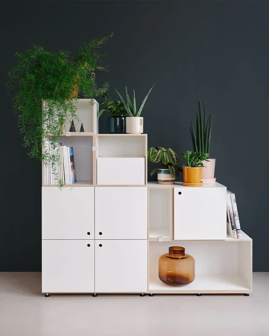 Kategorien, stocubo Raumteiler, Türen, Schublade, Bücher, Pflanzen, dunkel, Wand, Vase, grün, gelb, ocher