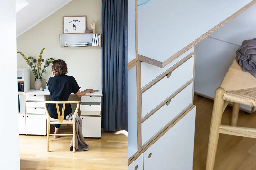 Kooperationen, Inspiration, Blog, zu Besuch bei, Modularer Schreibtisch, Home-Office Schreibtisch, Wandregal, Wandhängung, F-3 Modul, Türen, Schublade, Stuhl, Frau, Vorhang, Vase, blau, 3by2