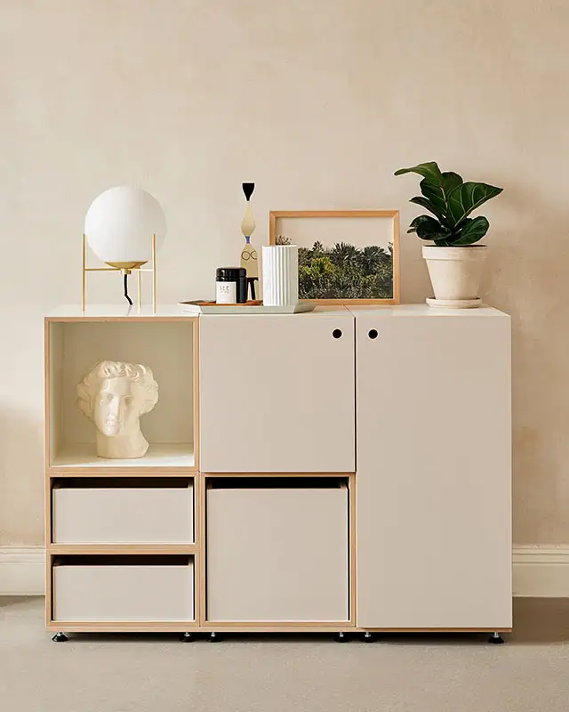 Schlafzimmerregale, Kommoden, 2:1 Modul, mit Tür Hochkant, Einschub, Kaschmirgrau