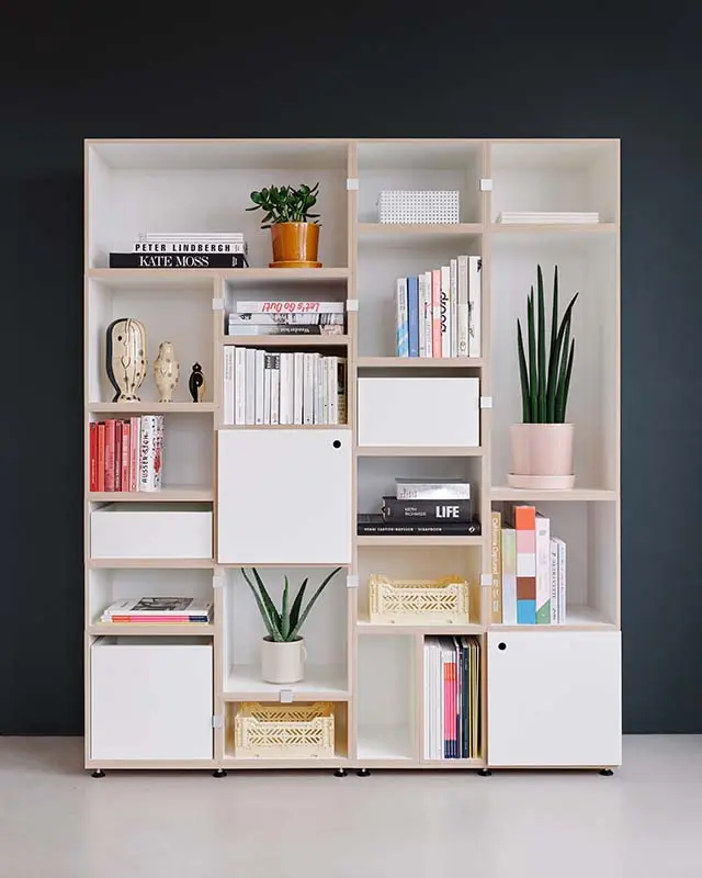 Kategorien, Bücherregale, stocubo Bücherregal, Türen, Einschub, Schublade, Bücher, Pflanzen, Kisten, dunkel, Wand, gelb, rot, pink, orange, 4by5
