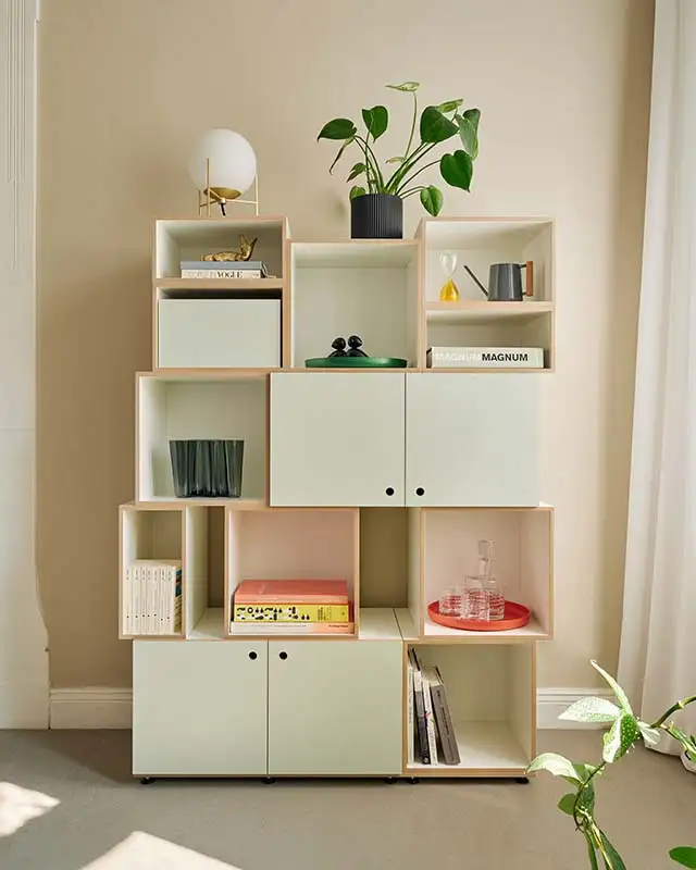 Bücherregale, Wohnzimmerregale, Tür, 2:3 Modul, 1:2 Modul, pistaziengrün