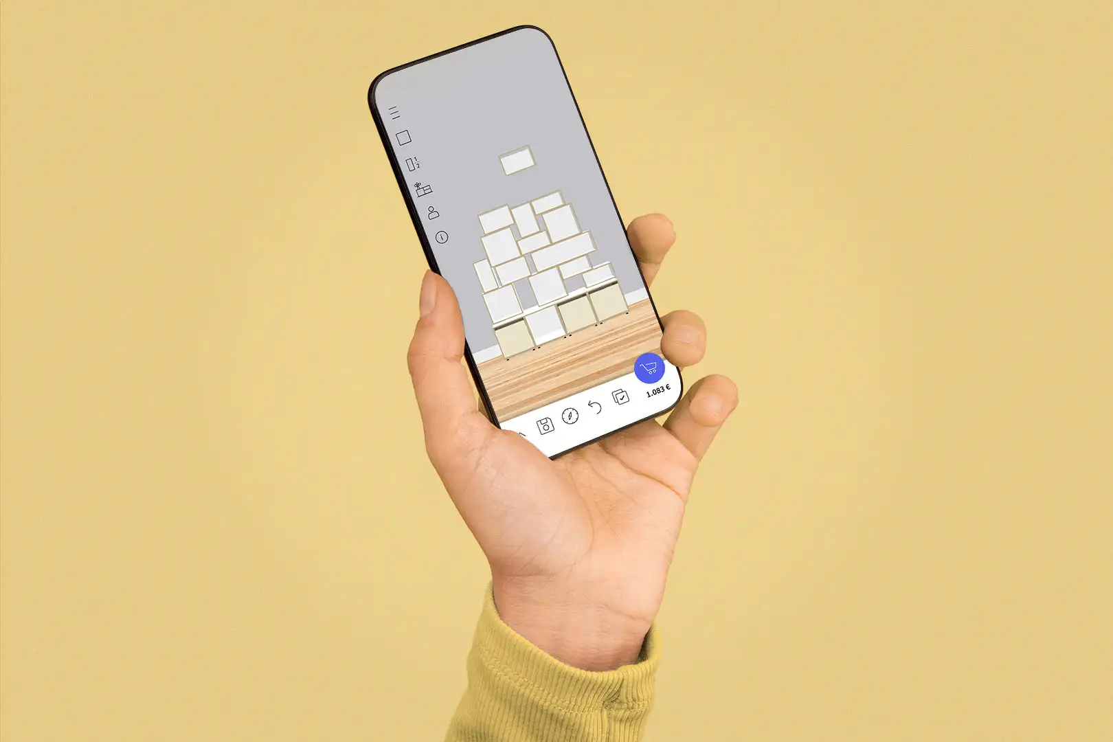 Konfigurator App Konfigurator, Handy, Hand, Wohnzimmerregale, Halbe Tiefe, ocher, vanillegelb, 3by2