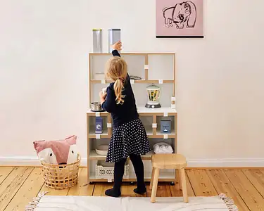 3-in-1-Kiezladen, Kinderzimmer, Kinderregale, interaktive Kindermöbel, Kind, Mädchen, halbe Tiefe, Kunstoffklammer weiß