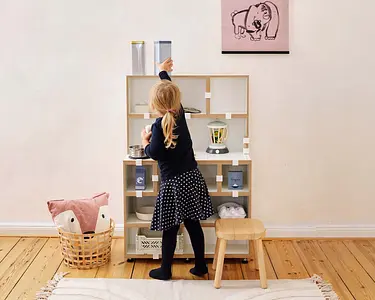 3-in-1-Kiezladen, Kinderzimmer, Kinderregale, interaktive Kindermöbel, Kind, Mädchen, halbe Tiefe, Kunstoffklammer weiß