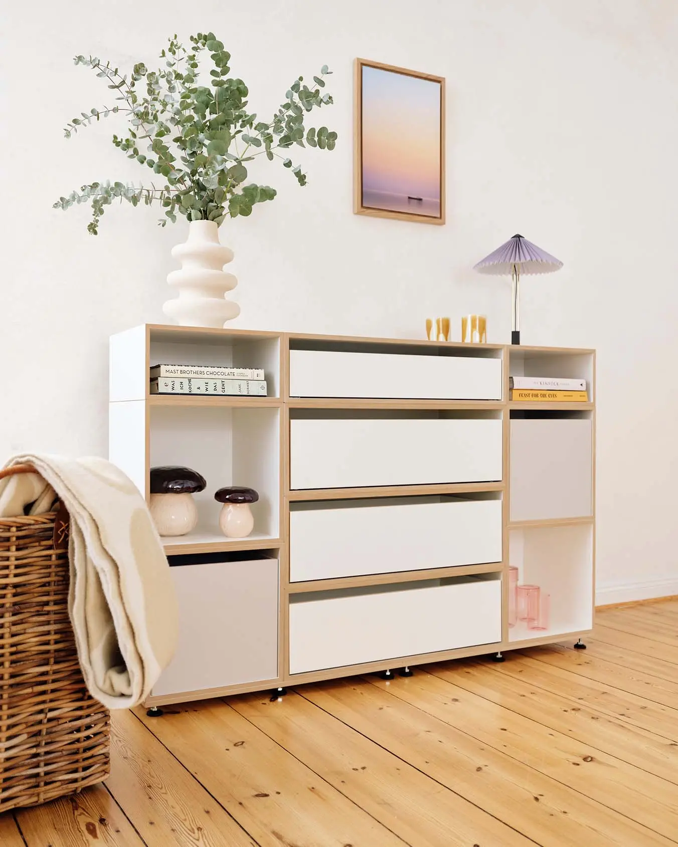 Hohes Schlafzimmer-Sideboard, Kommode-Sideboard, 1:2 Modul Modul Doppelte Breite mit Schublade, 2:3 Modul Doppelte Breite mit Schublade, Einschub, kaschmirgrau