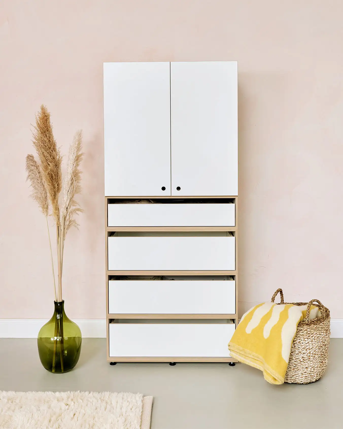 Schubladenschrank Schlafzimmer, Schränke, Schubladenschrank, 2:2 Modul, mit Türen, Kommode mit 2:3 + 1:2 Schubladen, weiß, rosa