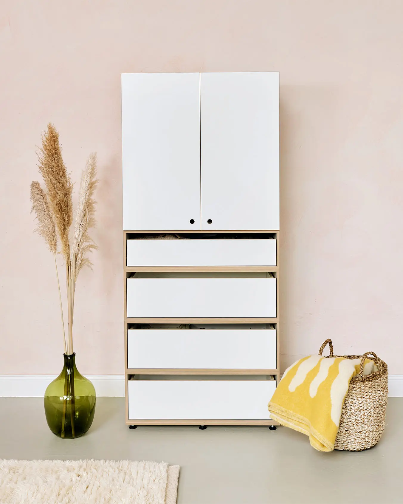 Schubladenschrank Schlafzimmer, Schränke, Schubladenschrank, 2:2 Modul, mit Türen, Kommode mit 2:3 + 1:2 Schubladen, weiß, rosa