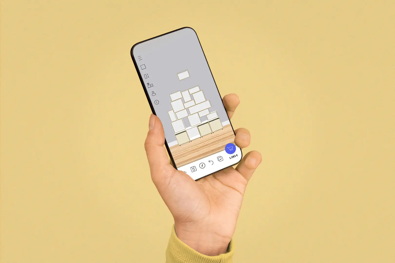 Konfigurator, Handy, Hand, Wohnzimmerregale, Halbe Tiefe, ocher, vanillegelb, 3by2