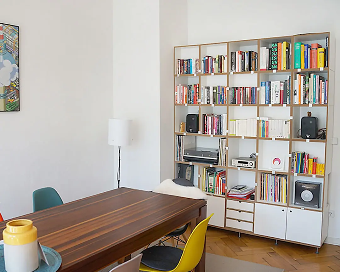 Bücherregal mit einem F3 Modul Kundenbilder, Kategorien, Bücherregale, Esszimmer, 2015, Katzentreppe, gelb