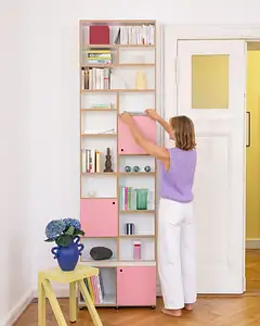 Hohes Bücherregal in Pink Wohnzimmer, Bücherregal, DVD, CD, Büro, Home-Office, Tür, Pink, Flamingopink, 4x5, 30