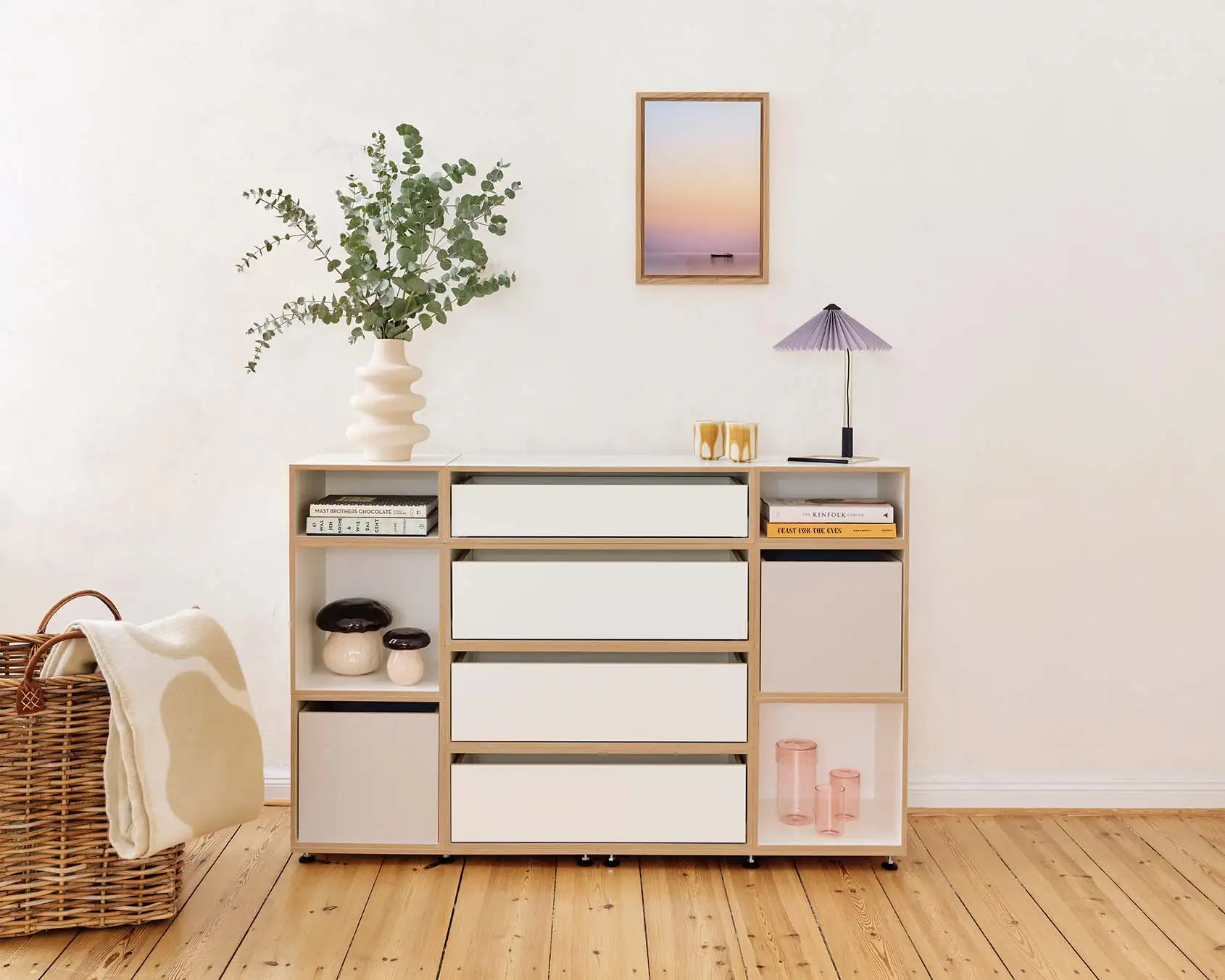 Schlafzimmer, Kommoden, Sideboards, Hohes Schlafzimmer-Sideboard, 1:2 Modul Modul Doppelte Breite mit Schublade, 2:3 Modul Doppelte Breite mit Schublade, Einschub, Kaschmirgrau