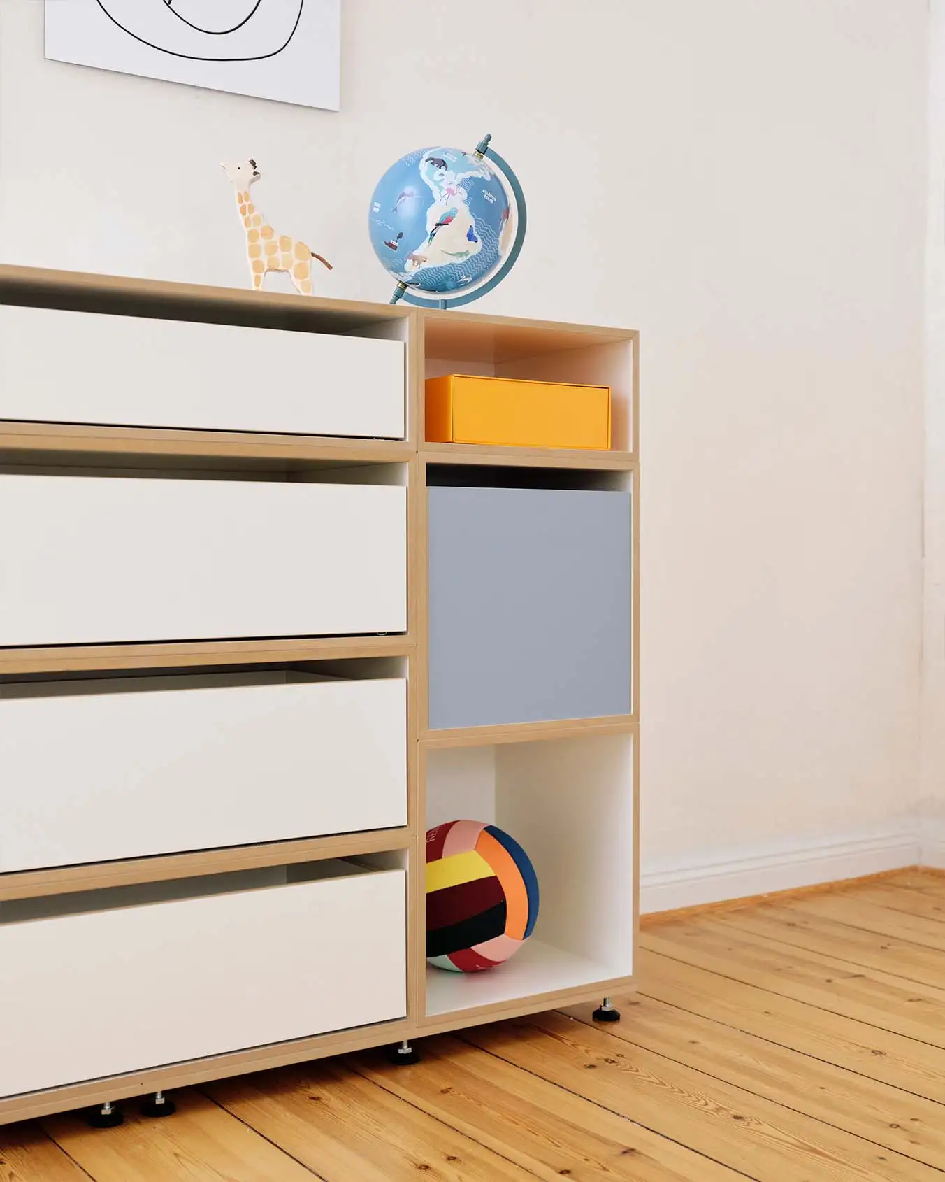 Hohes Kinder-Sideboard, Kommode-Sideboard, 1:2 Modul Modul Doppelte Breite mit Schublade, 2:3 Modul Doppelte Breite mit Schublade, Einschub, Denimblau, Kinder