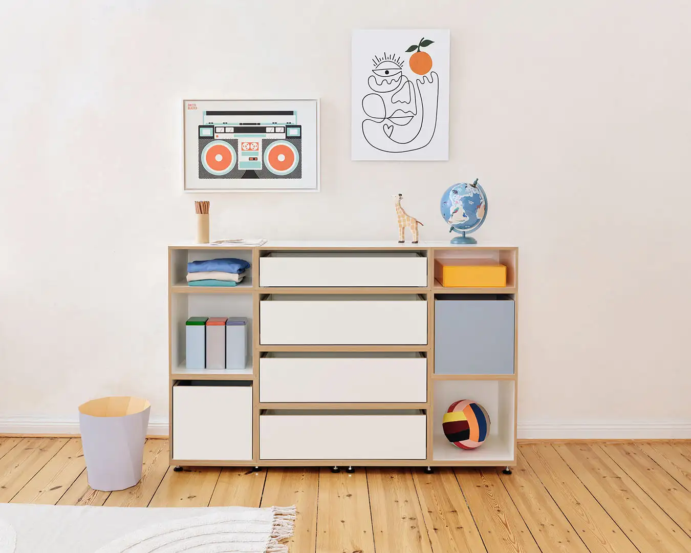 Kinderzimmer, Kinderregale, Hohes Kinder-Sideboard, 1:2 Modul Modul Doppelte Breite mit Schublade, 2:3 Modul Doppelte Breite mit Schublade, Einschub, Denimblau, Retusche, 5x4, 5