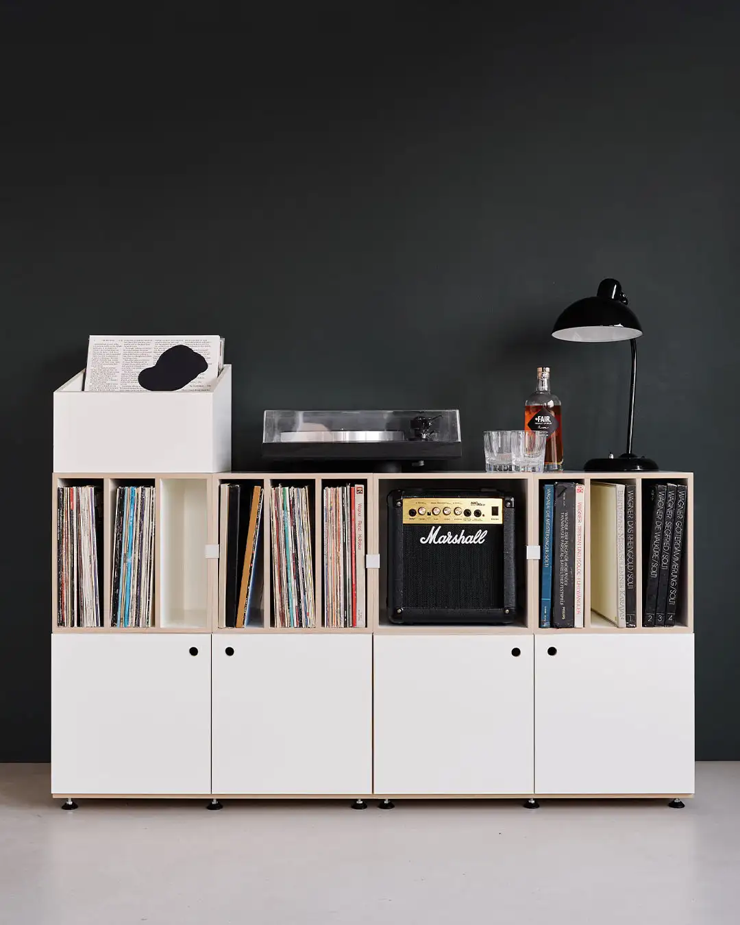 Lp-Regal mit Flip-Through Schallplattenregale, LP-Box, F3 Modul, Türen, Weiß, schwarz, 4x5, 5