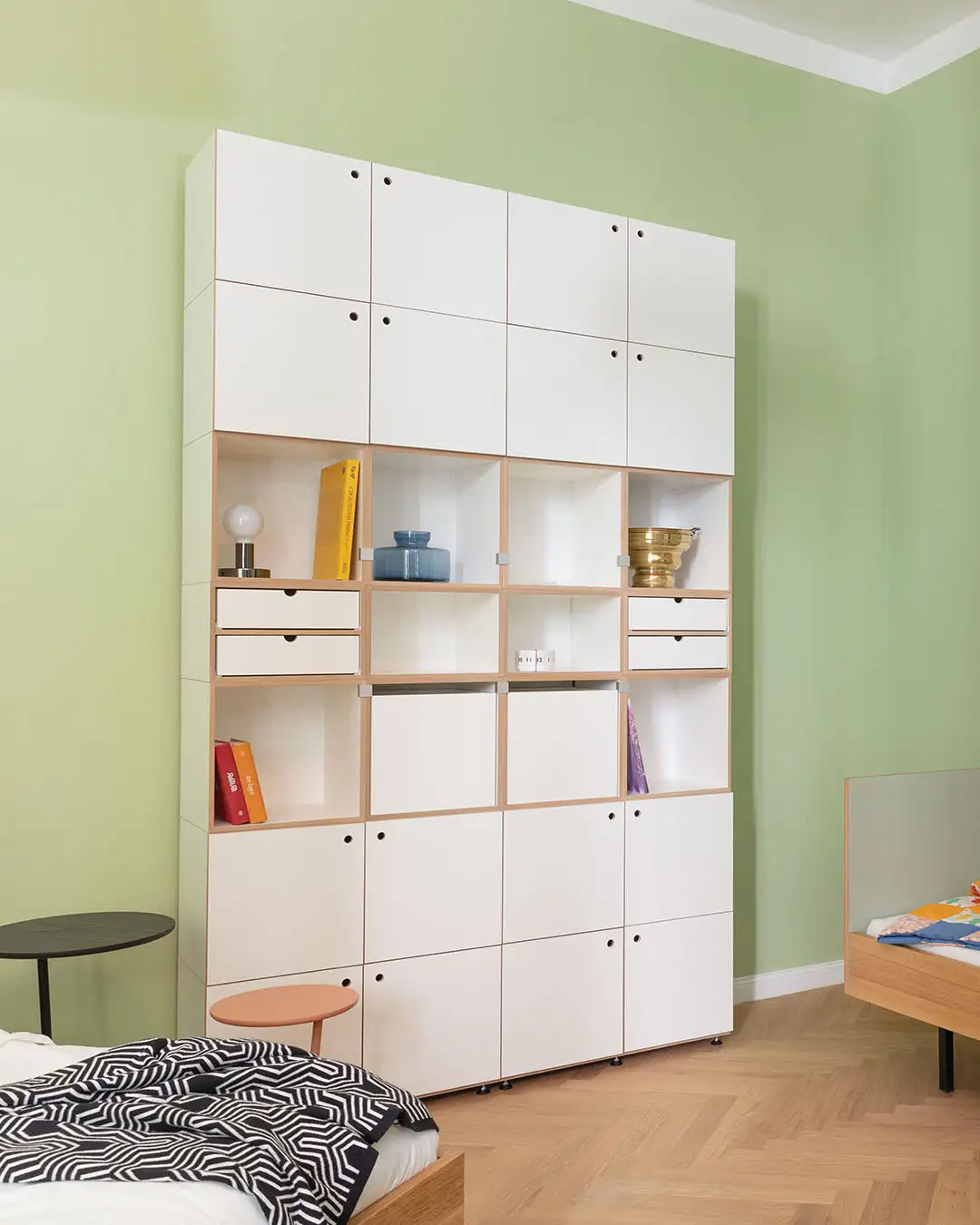 Schlafzimmerregale, Schränke, Wohnzimmerregale, Tür, F2 Modul mit Schubladen, 1:1 Einschub, Grosses Wandregal, 4x5, 5