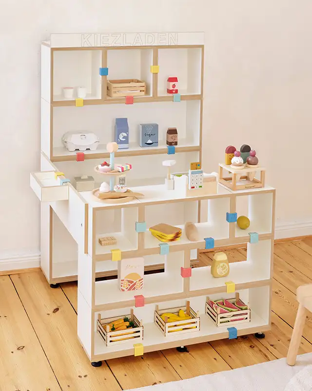 3-in-1-Kiezladen Kinderregale, 3-in-1-Kiezladen, bunte Kunststoffklammer