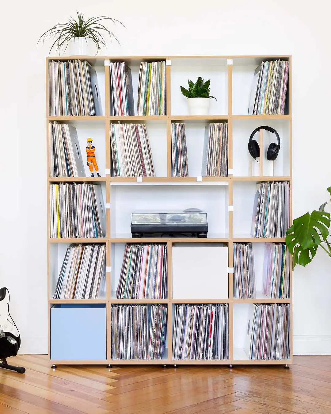 Großes Schallplattenregal Schallplattenregale, LP, Großes Schallplattenregal, Retusche, Hifi-Modul, Einschub, Denimblau, 4x5, 4