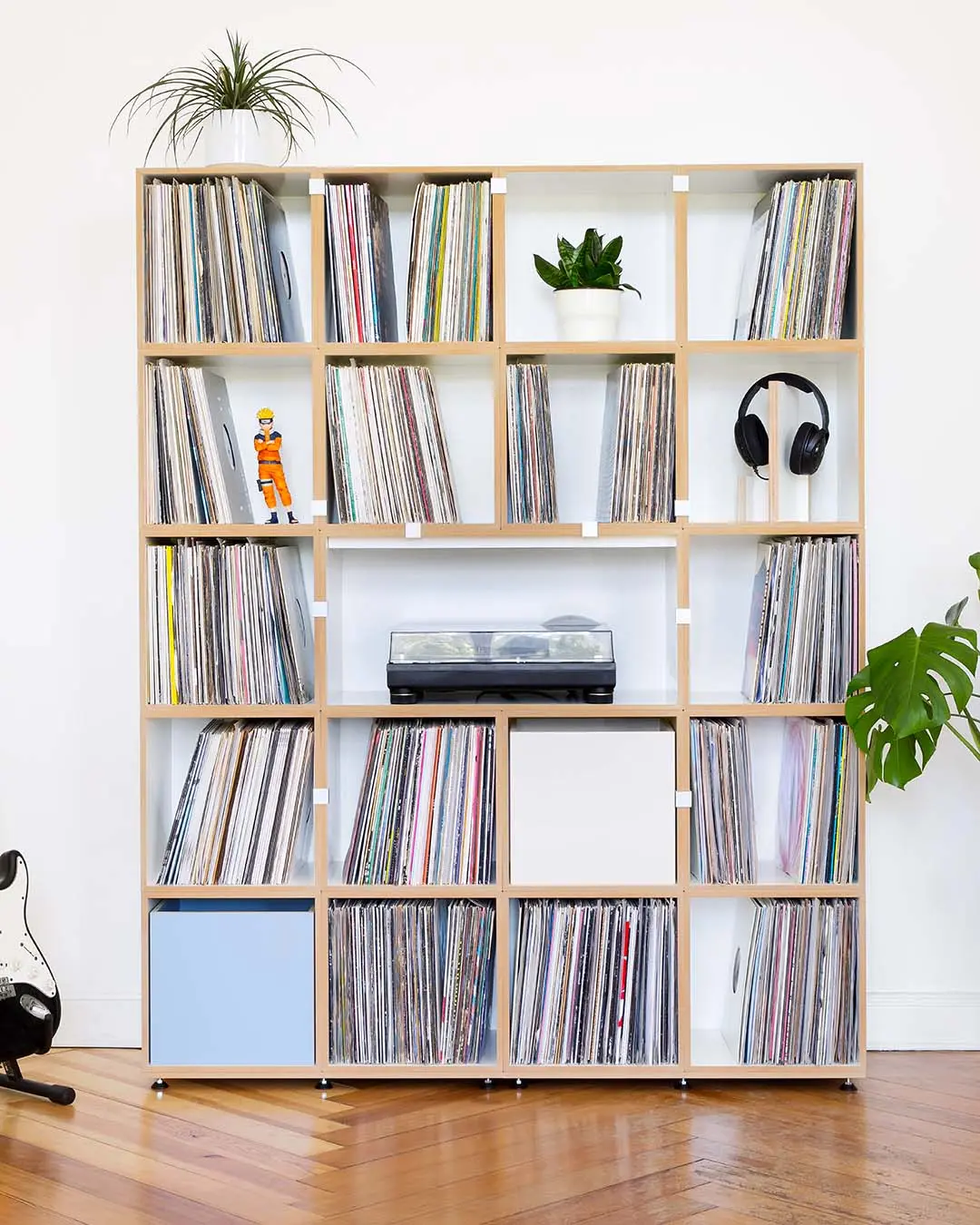 Großes Schallplattenregal Schallplattenregale, LP, Großes Schallplattenregal, Retusche, Hifi-Modul, Einschub, Denimblau, 4x5, 4