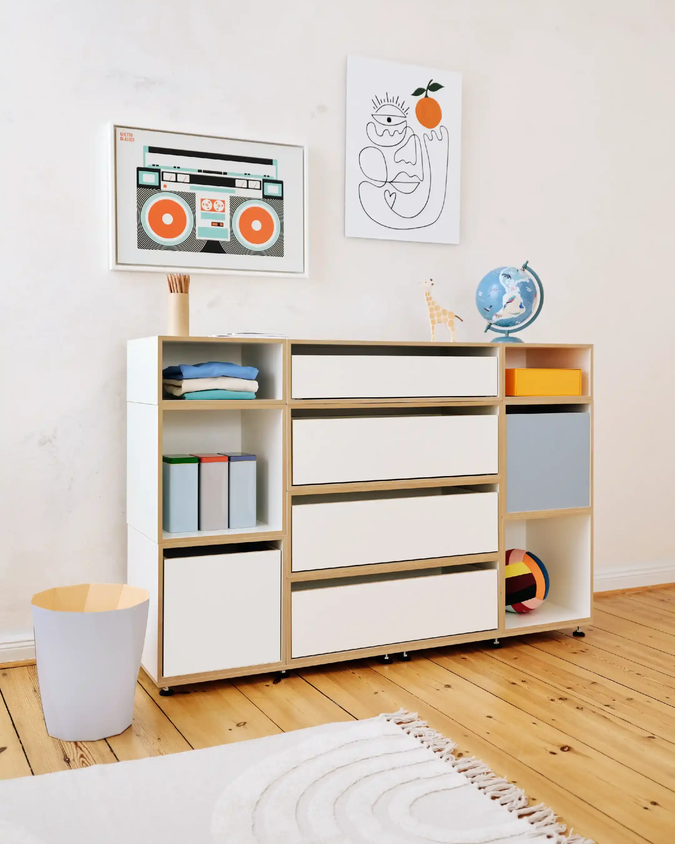 Kinderzimmer, kinderregale, Kommoden, Sideboards, 1:2 Modul Modul Doppelte Breite mit Schublade, 2:3 Modul Doppelte Breite mit Schublade, Einschub, Denimblau, Retusche, 4x5, 40
