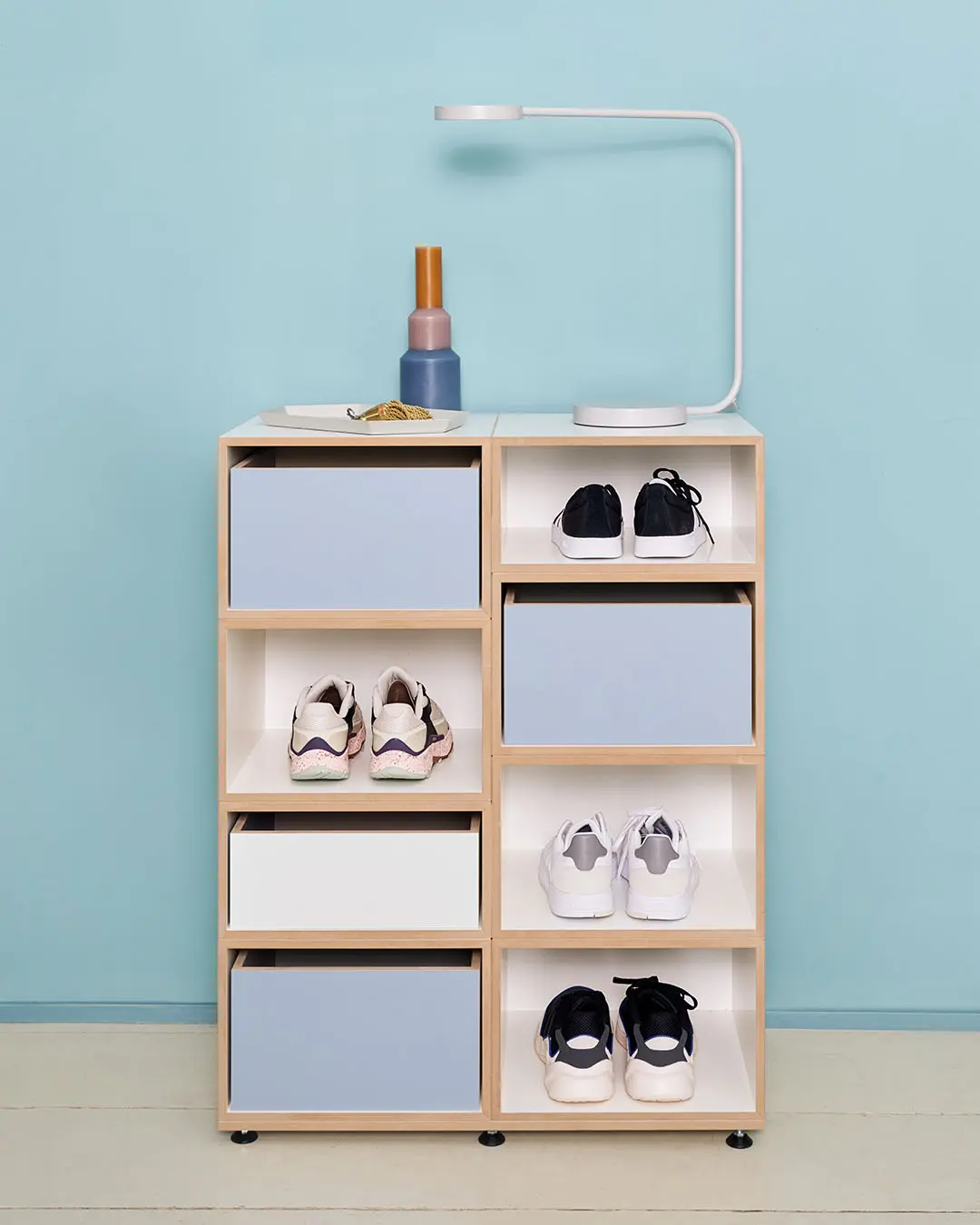 Flurregale, Schuhscrank blau, Schuhregal, Einschub, Denimblau, 2:3 Modul, 1:2 Modul, Retusche, 4x5, 5