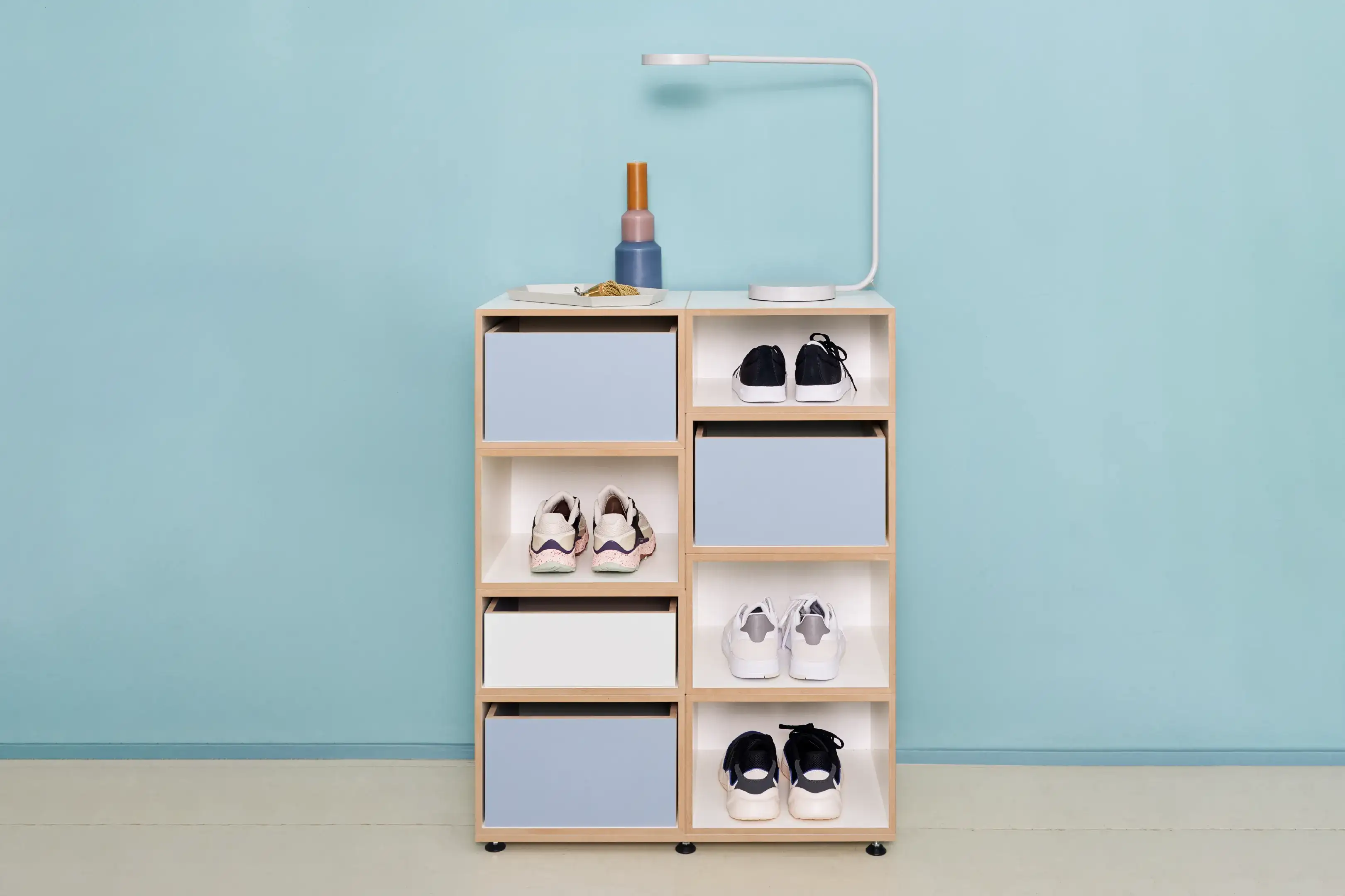 Flur, Schuhschrank blau, Schuhregal, Denimblau, Weiß, 1:2 Einschub, 2:3 Einschub, 2:3 Modul, 1:2 Modul, Retusche, 3x2, 80