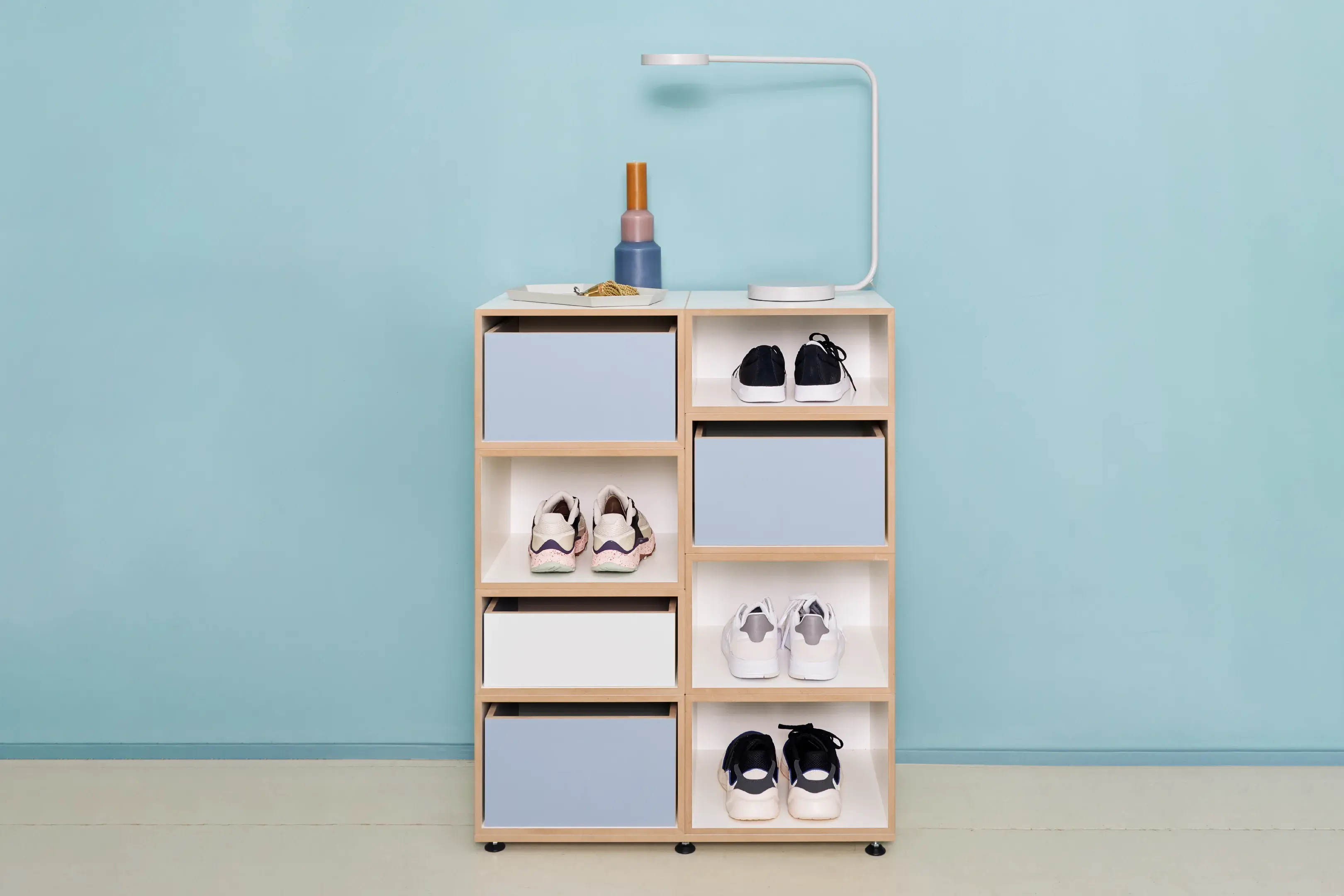 Flur, Schuhschrank blau, Schuhregal, Denimblau, Weiß, 1:2 Einschub, 2:3 Einschub, 2:3 Modul, 1:2 Modul, Retusche, 3x2, 80