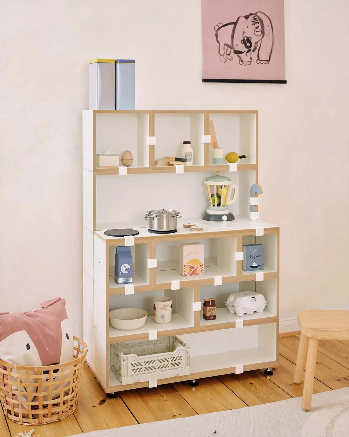 Kinderküche Product Page, Kinderzimmer, Kinderregale, 3-in-1-Kiezladen, Kinderregal, 2:1 Grundplatte, halbe Tiefe