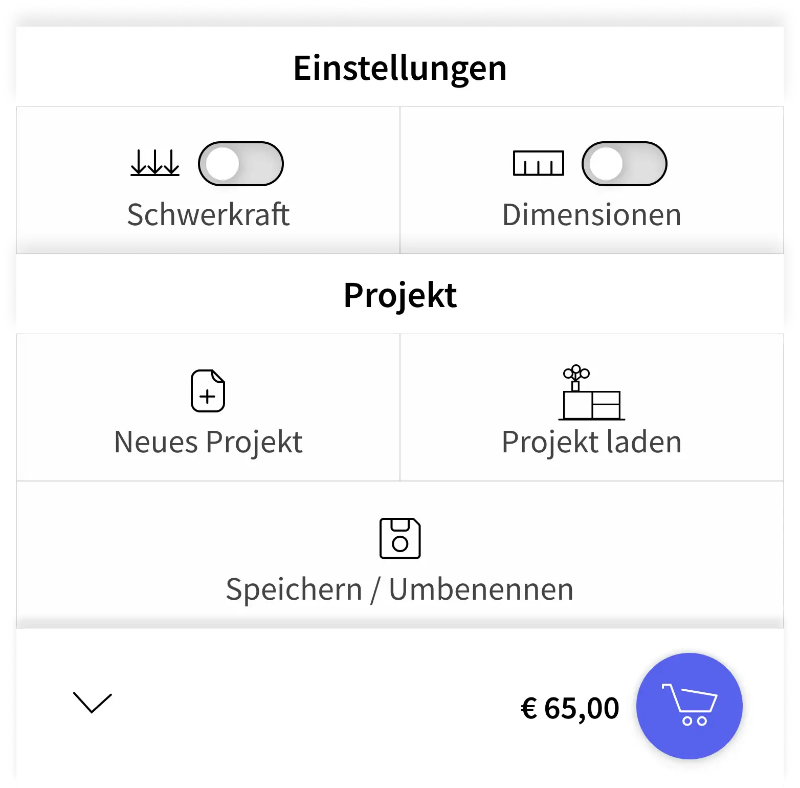 Projekt Einstellungen offen Konfigurator, offenes Menü