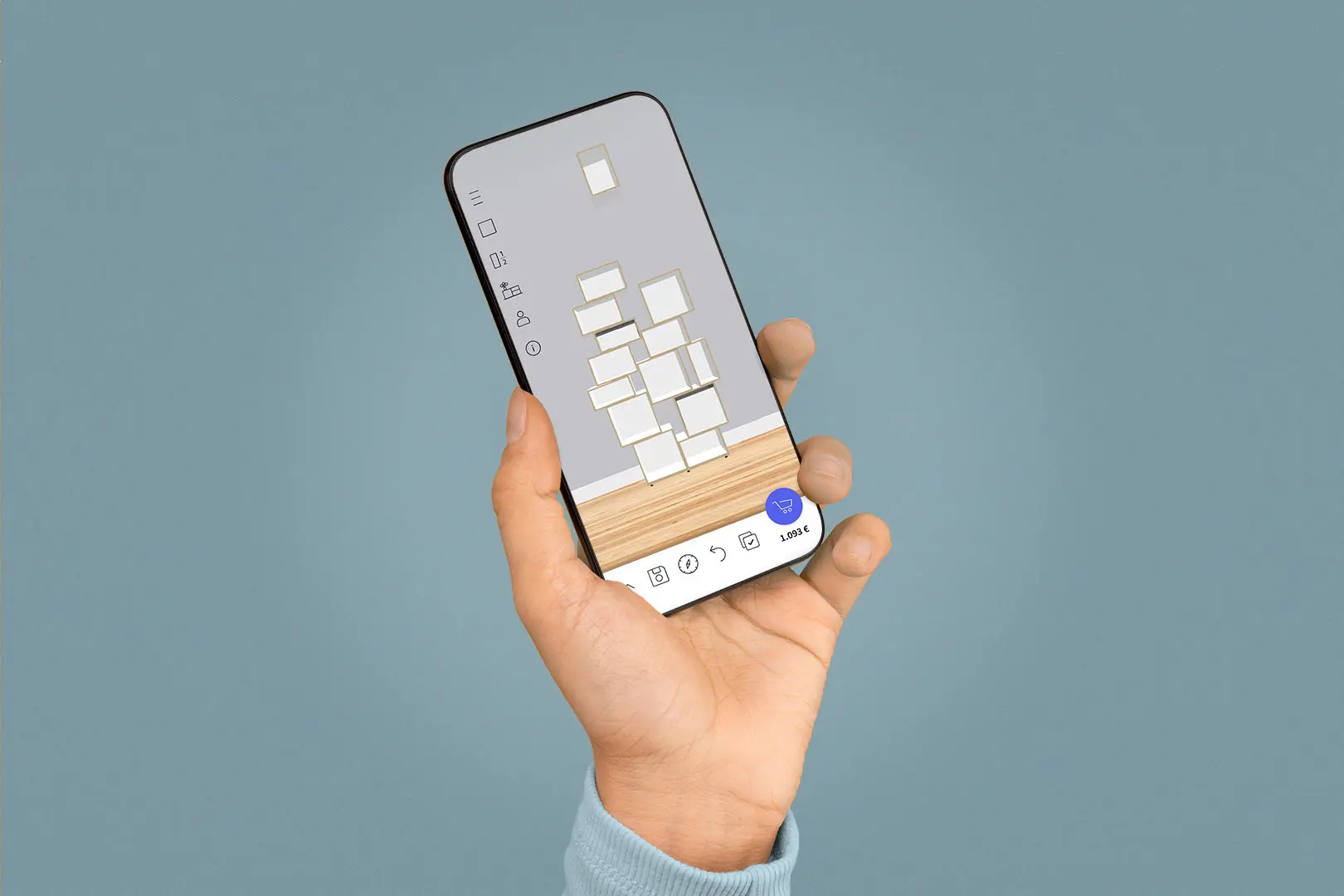 Konfigurator App Konfigurator, Handy, Hand, Wohnzimmerregale, Halbe Tiefe, pale blue, vanillegelb, 3by2