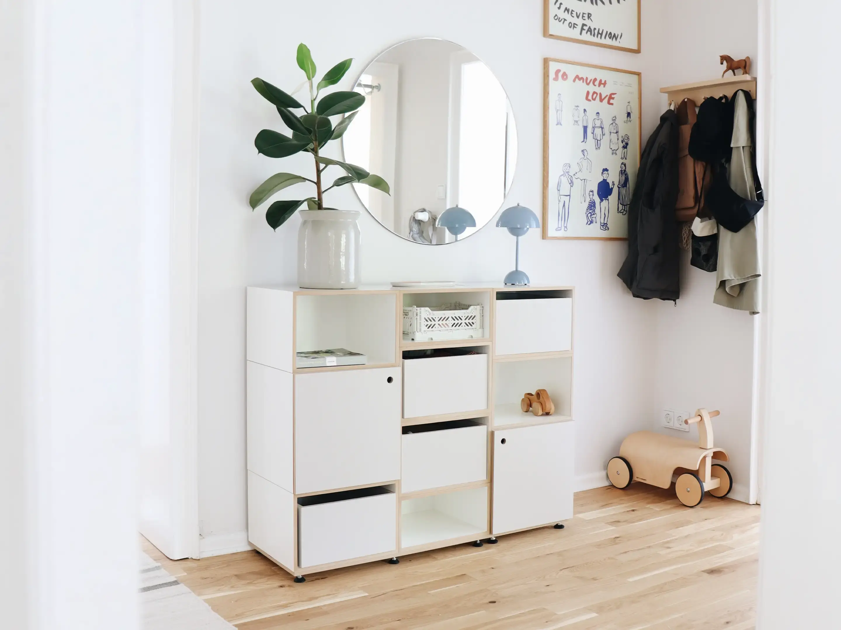 Flurregal mit Schubladen Koop, Flur, Schlafzimmer, Franzi, Flurregal mit Schubladen, Kaschimr, 1:1 Modul mit Tür, 2:3 Modul, 2:3 Einschub, 4x3, 60