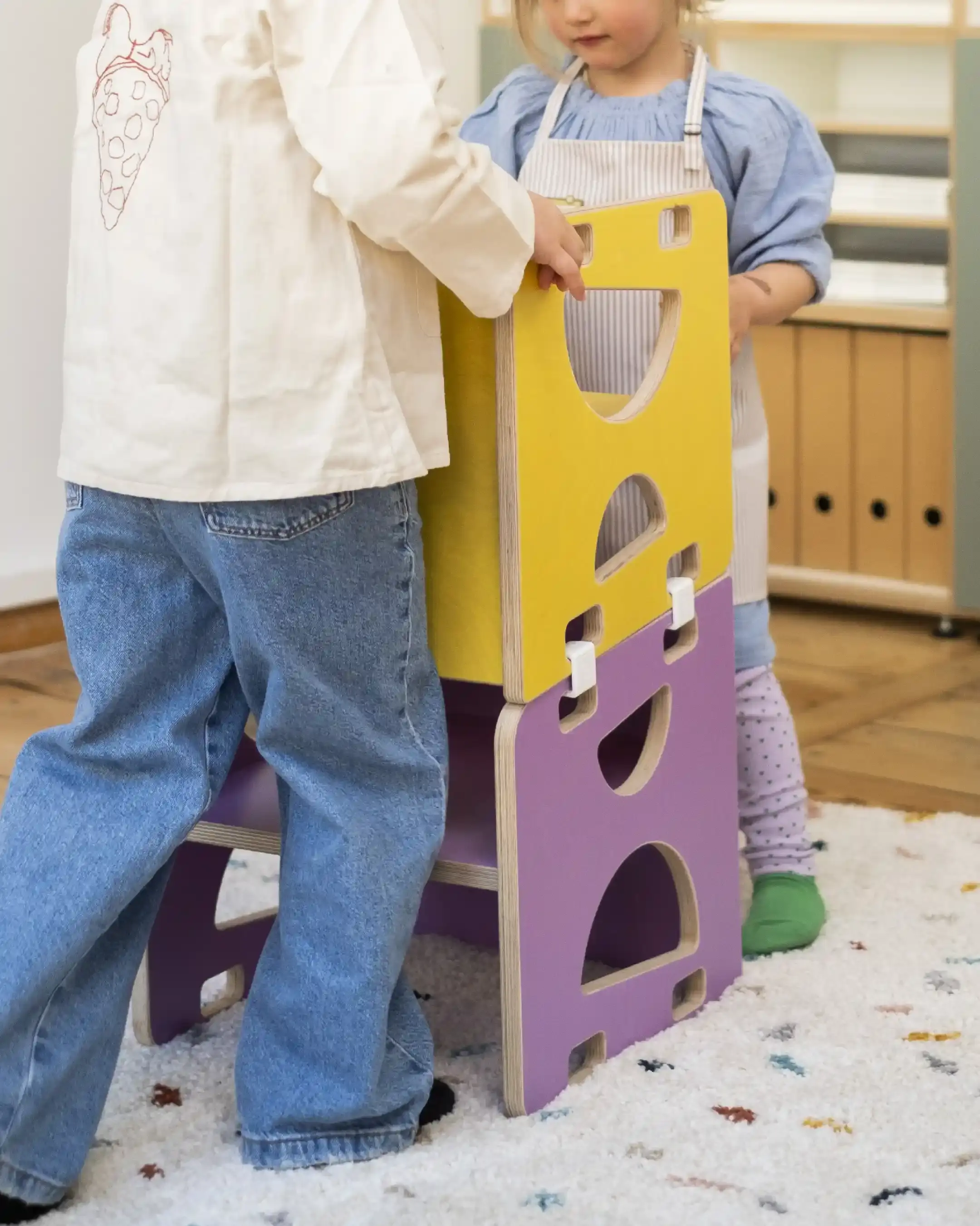 Spielturm Kinderzimmer, Kindermöbel, 3-in-1-Wendehocker, Sonnengelb, Fliedergelb, Weiße Kunststoffklammer, 4x5, 30
