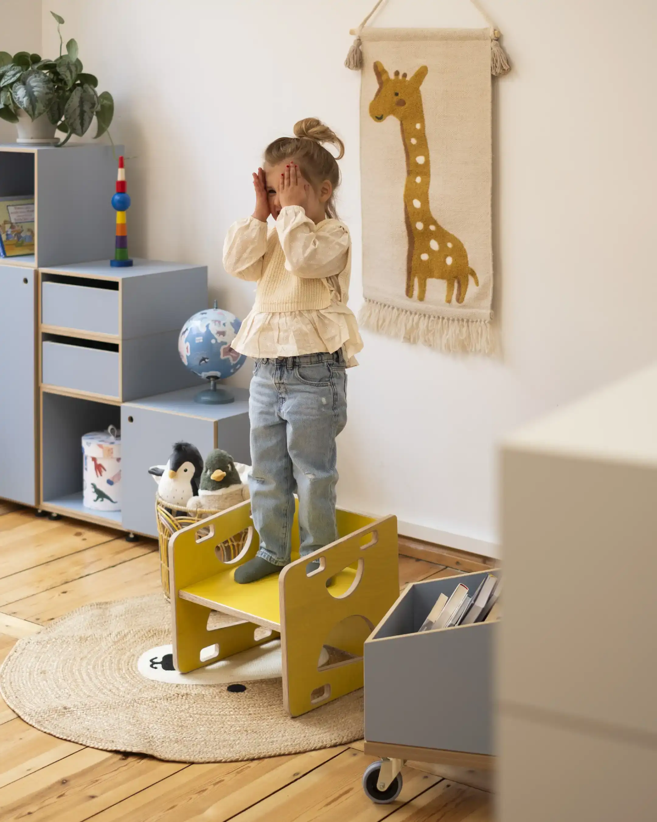 Wendehocker Kinderzimmer, Kindermöbel, 3-in-1-Wendehocker, Sonnengelb, Giraffe, 4x5-50