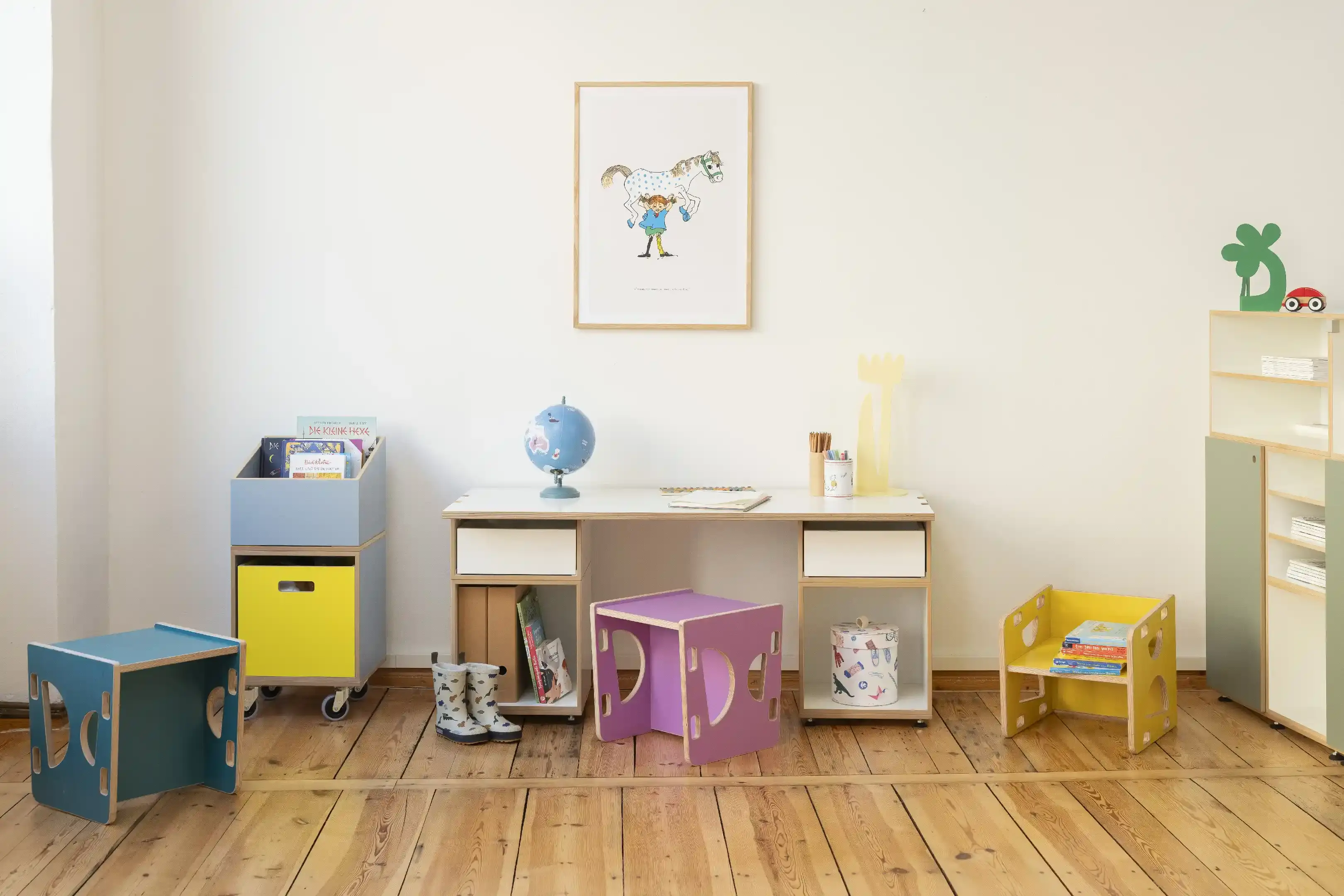 Kinderzimmer, Kindermöbel, 3-in-1-Wendehocker, Ozeangrün, Sonnengelb, Flieder, Kinderschreibtisch M, Bücherkiste auf Rollen, 3x2, 30