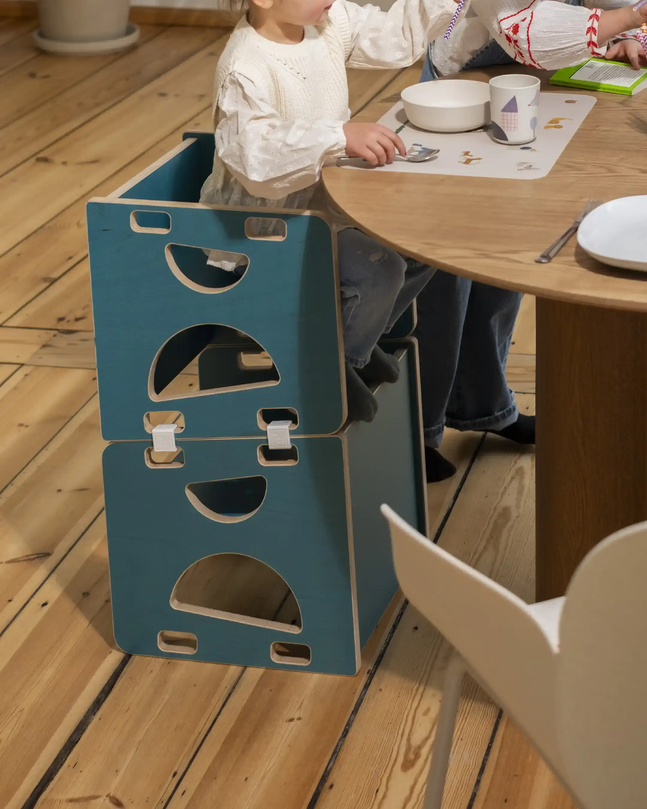 Hochstuhl Esszimmer, 3-in-1-Wendehocker, Gäste-Hochstuhl, Hochstuhl, Ozeangrün, weiße Kunststoffklammer, 4x5, 40