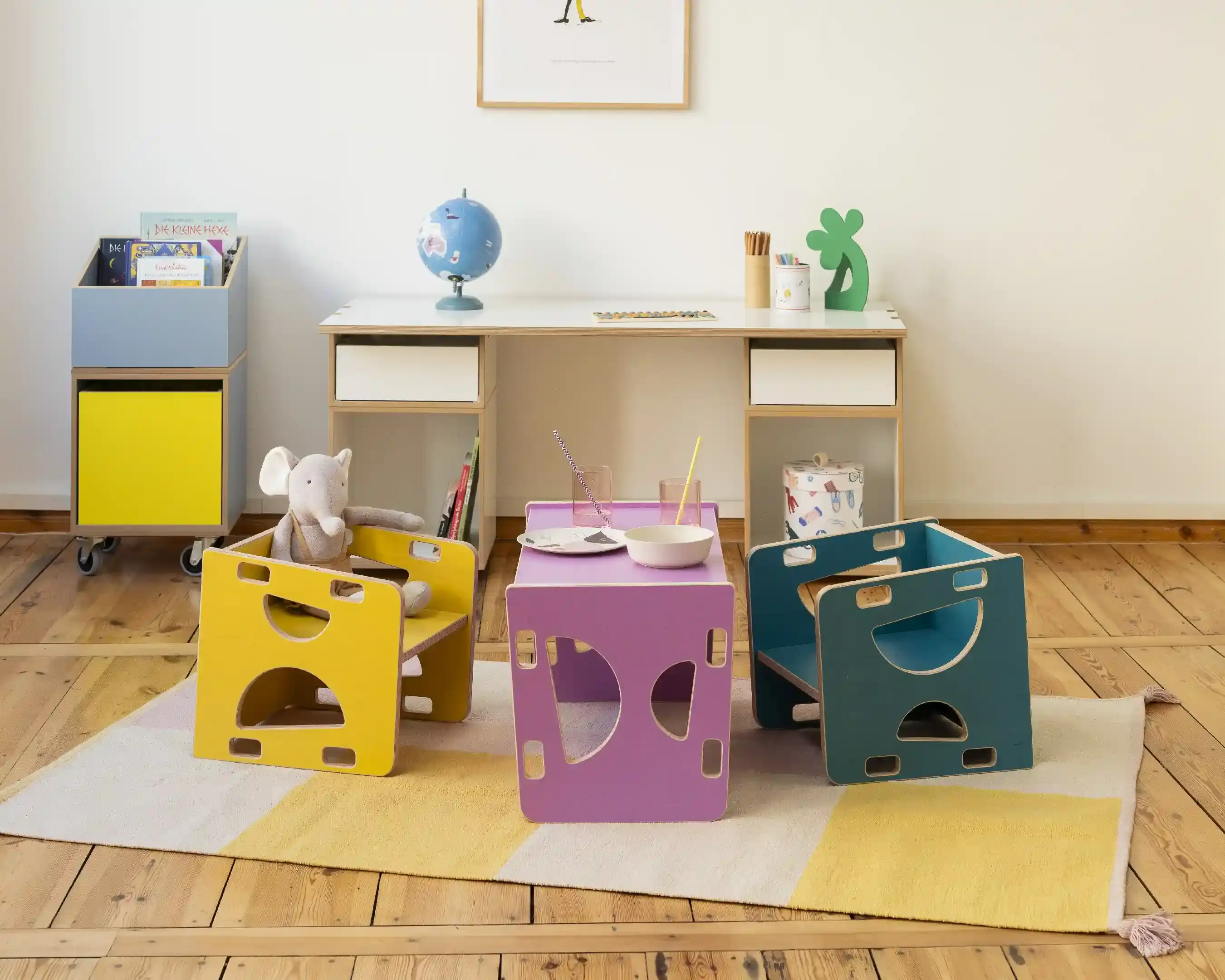 Kinderzimmer, Kindermöbel, 3-in-1-Wendehocker, 3-in-1-Wendebank, Tisch, Ozeangrün, Sonnengelb, Flieder, 5x4, 20