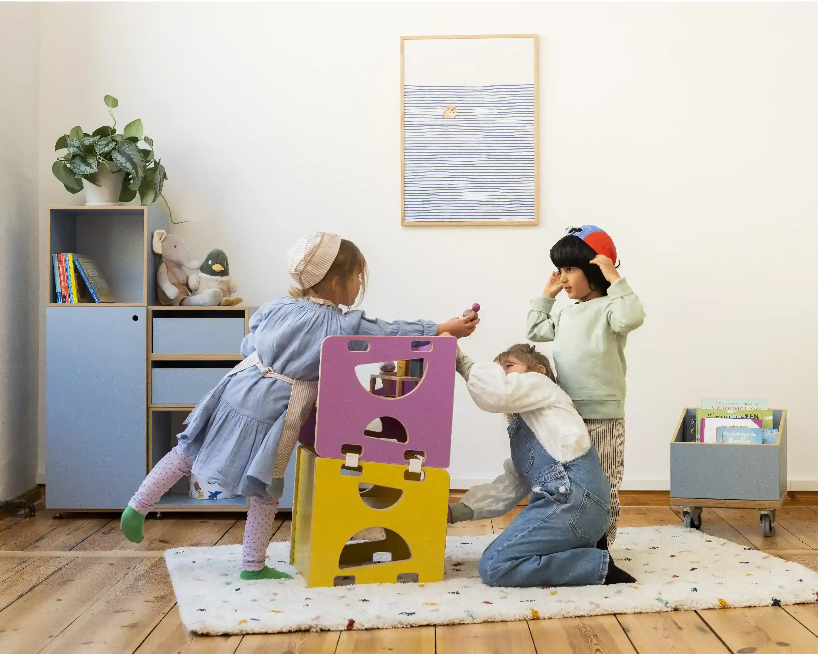 Spielturm Kinderzimmer, Kindermöbel, 3-in-1-Wendehocker, Sonnengelb, Flieder, Klammer, weiße Kunststoffklammer, 5x4, 20
