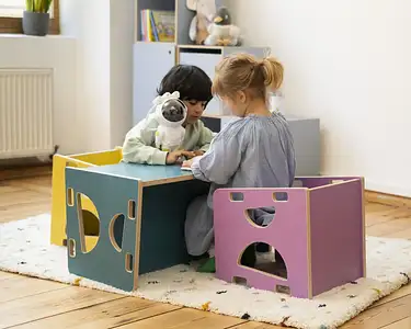 Wendehocker und Wendebank Kinderzimmer, Kindermöbel, 3-in-1-Wendehocker, 3-in-1-Wendebank, Tisch, Ozeangrün, Sonnengelb, Flieder, 5x4, 40