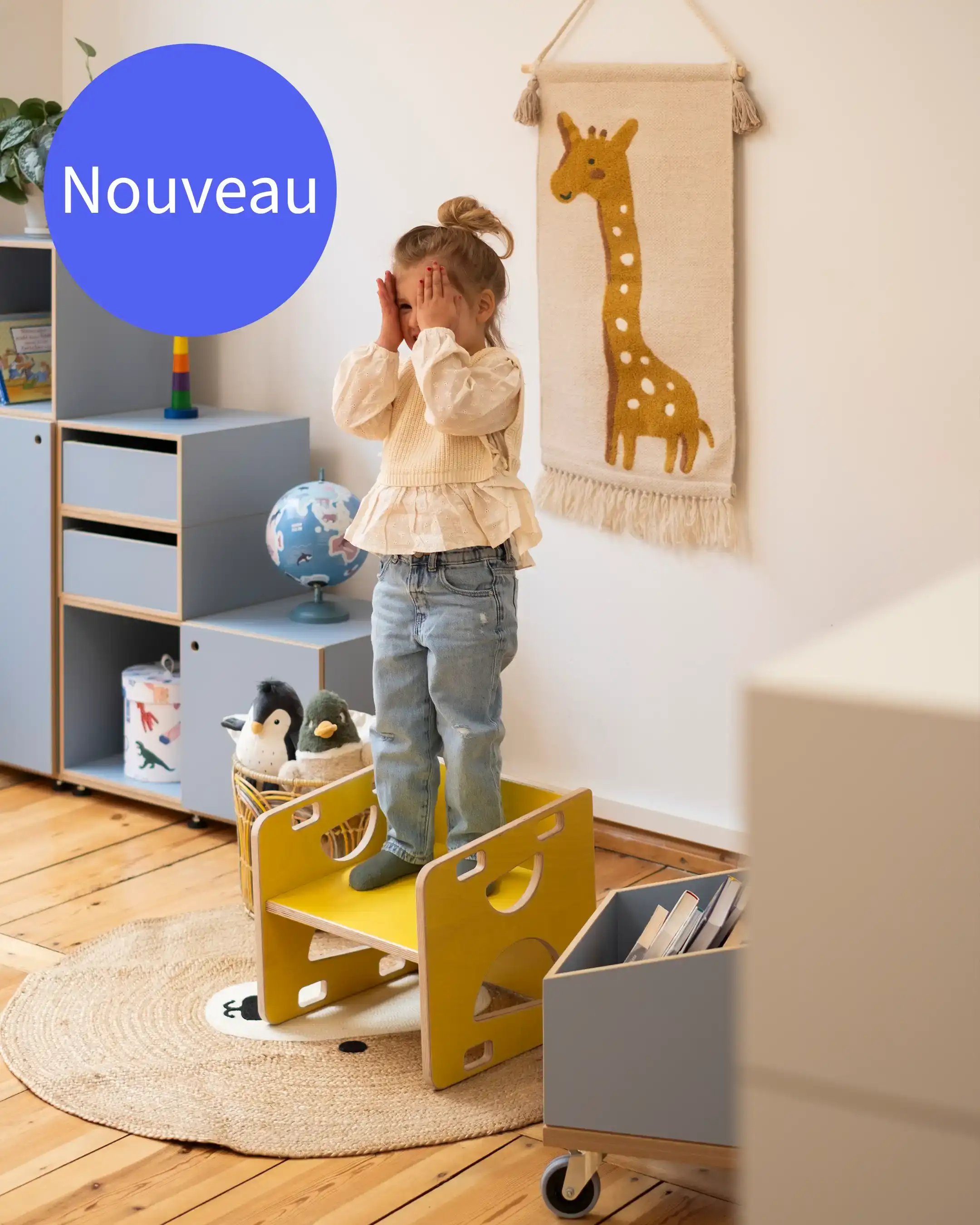 Kinderzimmer, Kindermöbel, Nouveau, 3-in-1-Wendehocker, Sonnengelb, Giraffe, 4x5-50