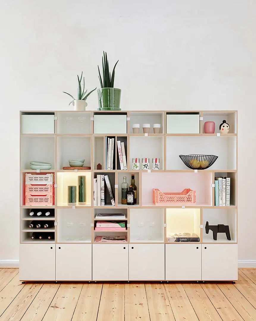 Wohnzimmerregale, Bücherregal mit Leuchtcubes, LED, F3 Modul, 2:3 Modul, 2:3 Einschub, pistaziengrün, 4x5, 4