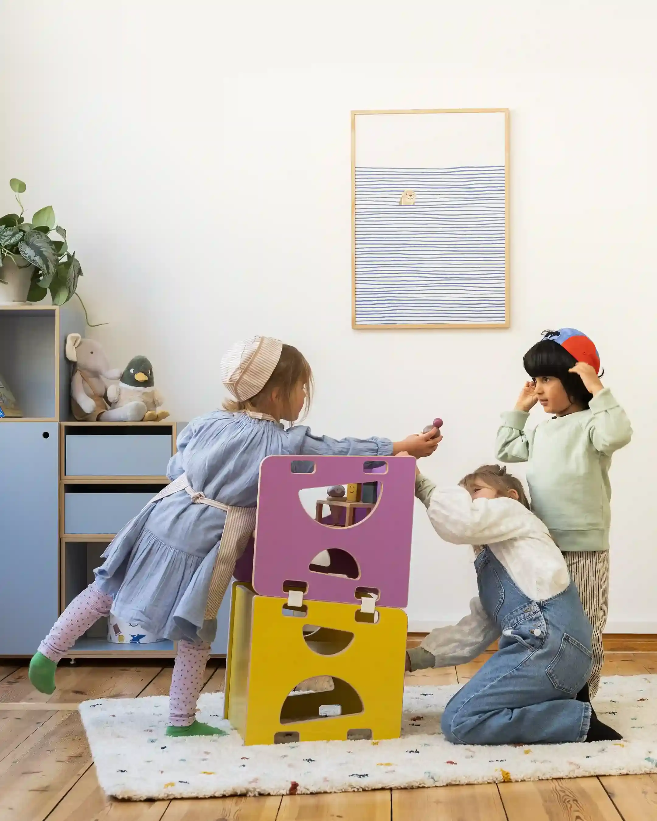 Spielturm Kinderzimmer, Kindermöbel, 3-in-1-Wendehocker, Sonnengelb, Flieder, Klammer, weiße Kunststoffklammer, 4x5, 10
