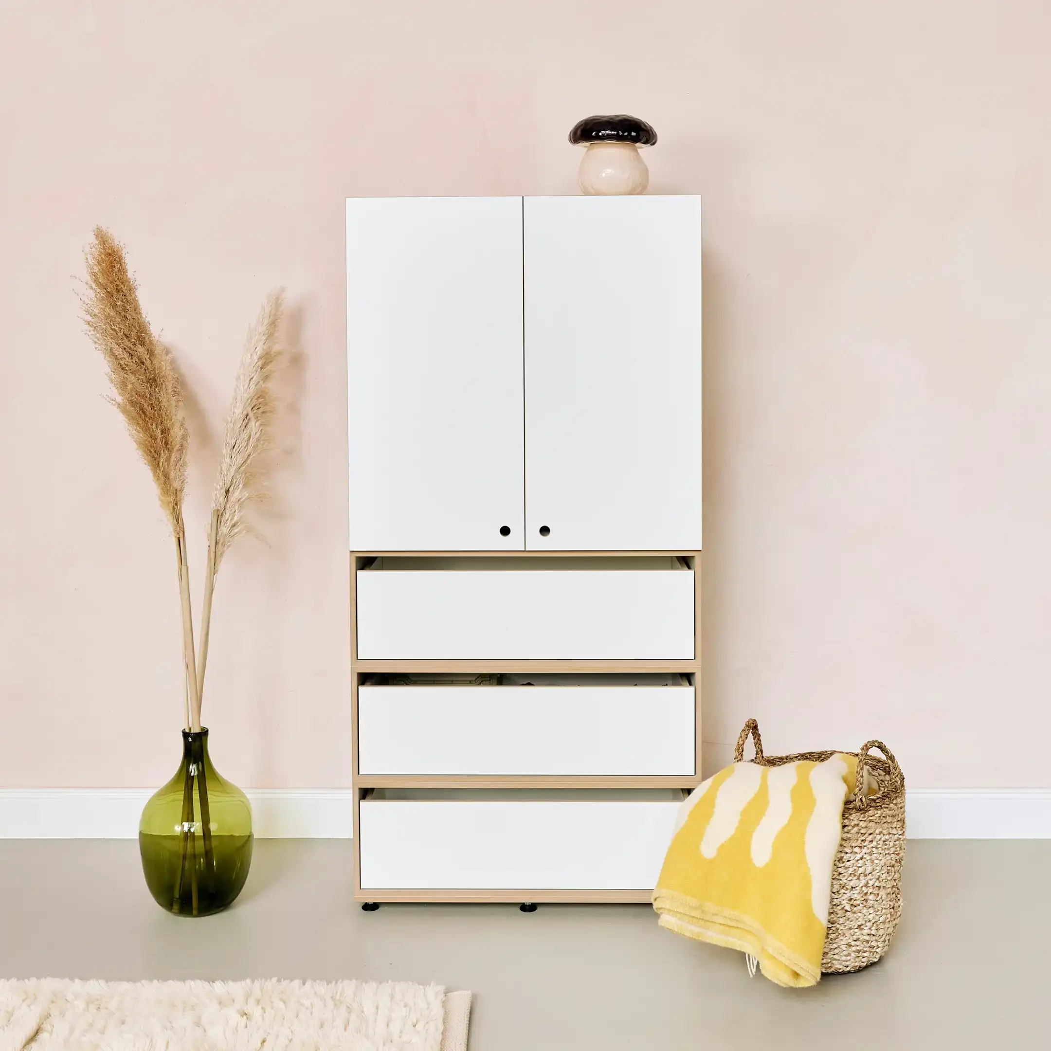 Kleiner Schubladenschrank Schlafzimmer, Schränke, Schubladenschrank, 2:3 Modul mit Schublade, 2:2 Modul mit Türen, weiß, Pilze, 1x1, 50