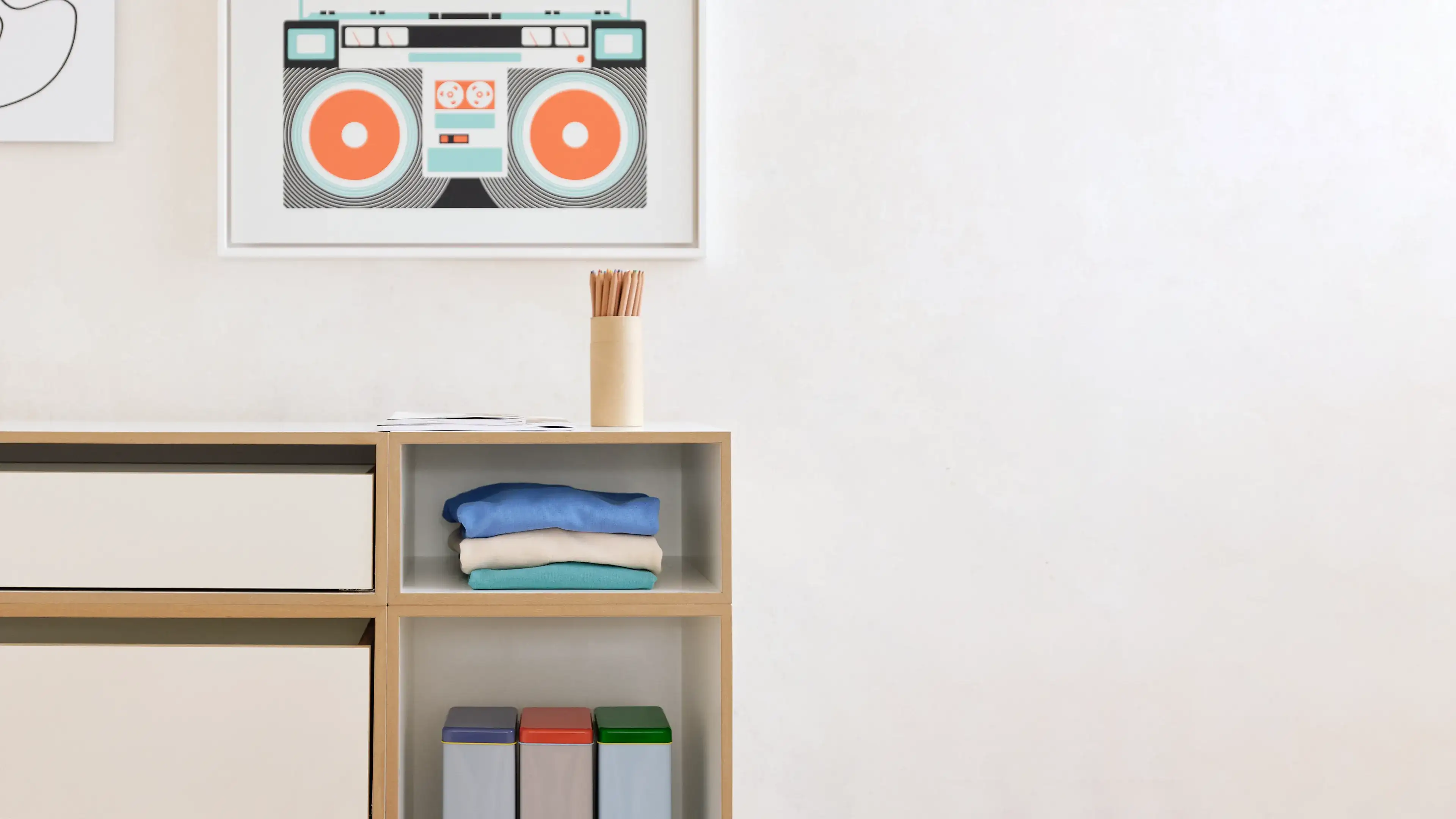 Hohes Kinder-Sideboard Kinderzimmer, Kinderregale, Hohes Kinder-Sideboard, 1:2 Modul Modul Doppelte Breite mit Schublade, 2:3 Modul Doppelte Breite mit Schublade, Einschub, Denimblau, 80