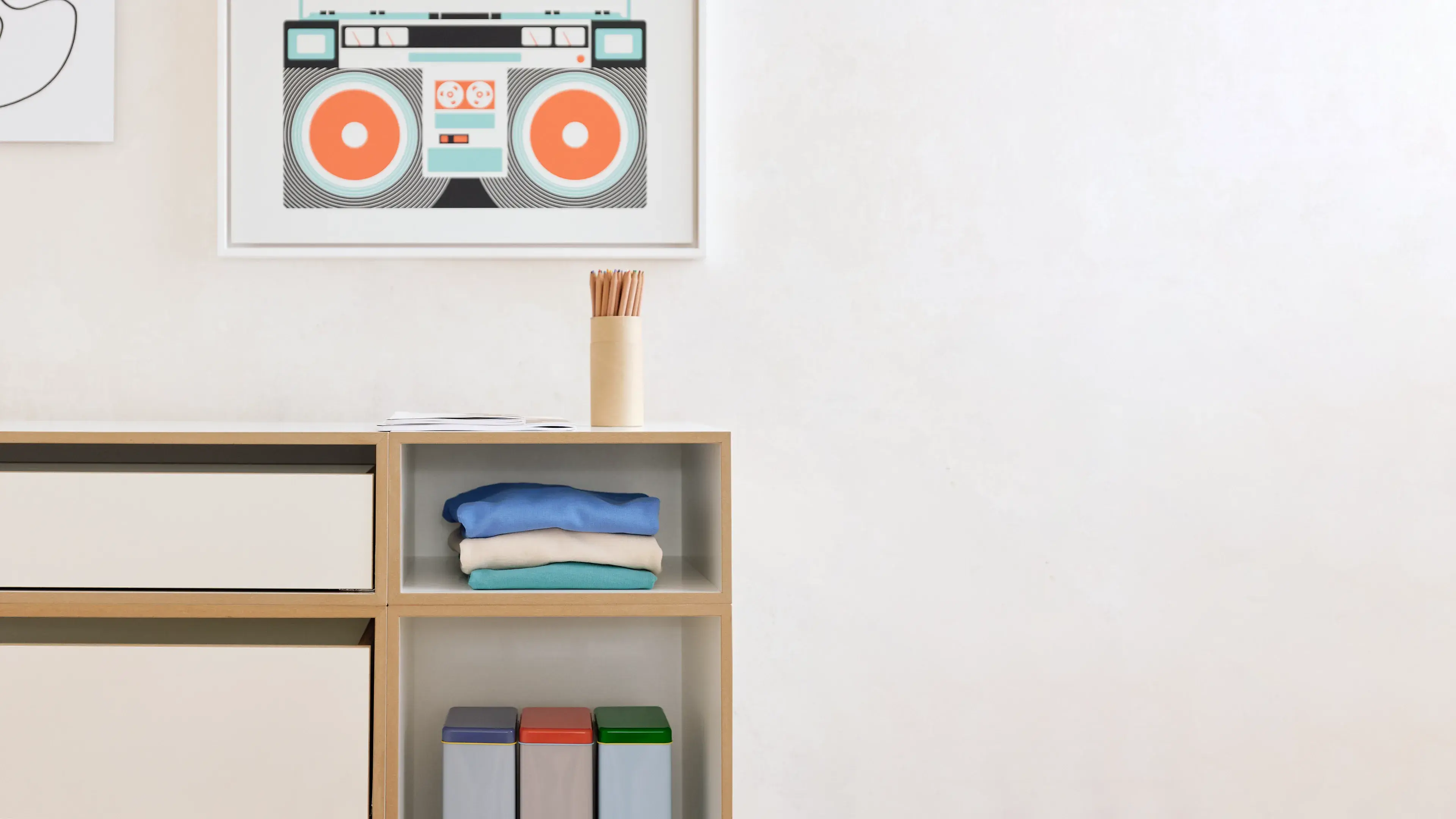 Kinderzimmer, Kinderregale, Hohes Kinder-Sideboard, 1:2 Modul Modul Doppelte Breite mit Schublade, 2:3 Modul Doppelte Breite mit Schublade, Einschub, Denimblau, 80