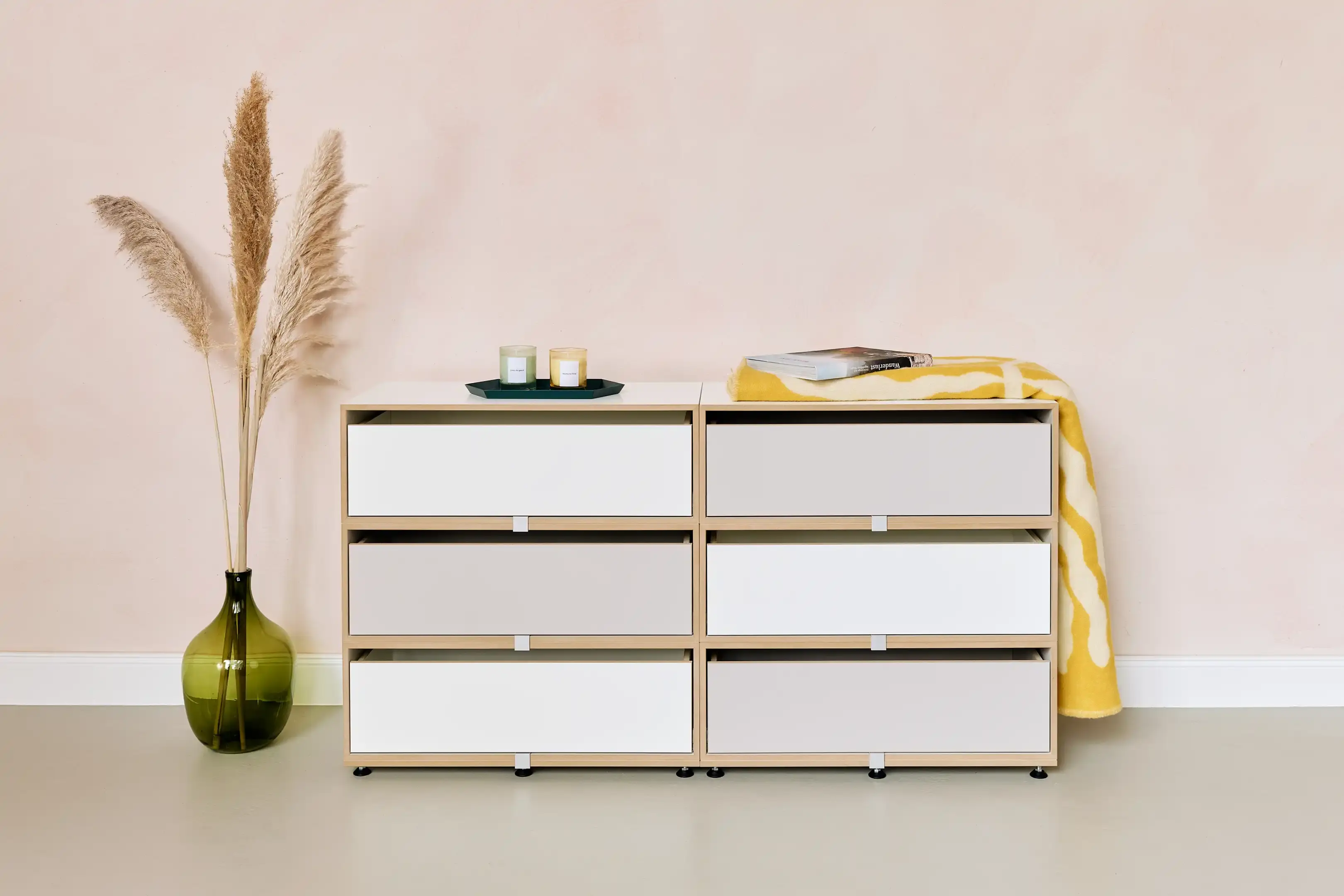 Farbenfrohe Doppel-Kommode Header, Kommoden, doppel-Kommode, 2:3 Modul, Doppelte Breite mit Schubladen, Weiß, Kaschmirgrau, 3x2, 50