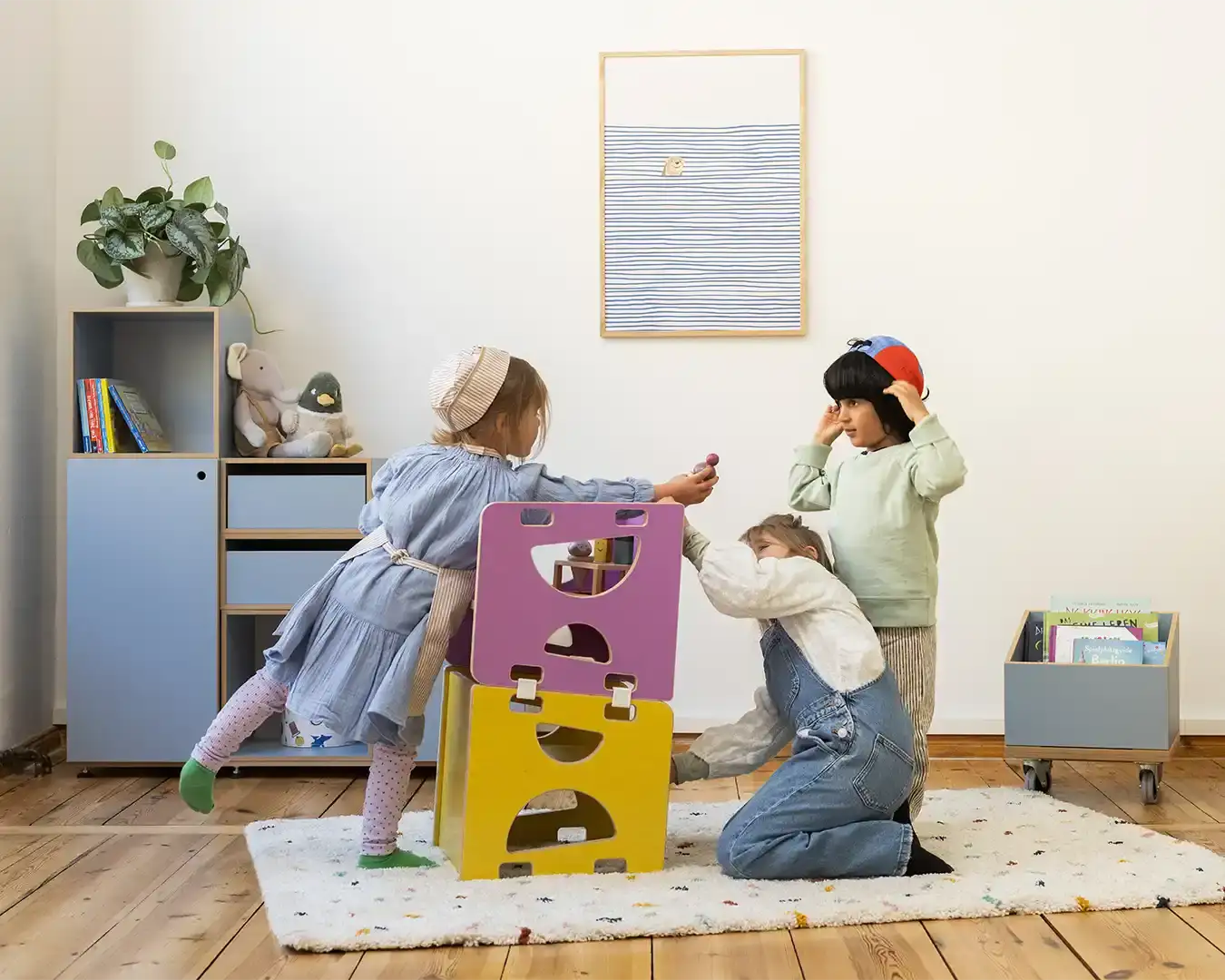 Spielturm Kinderzimmer, Kindermöbel, 3-in-1-Wendehocker, Sonnengelb, Flieder, Klammer, weiße Kunststoffklammer, 5x4, 1080, 40